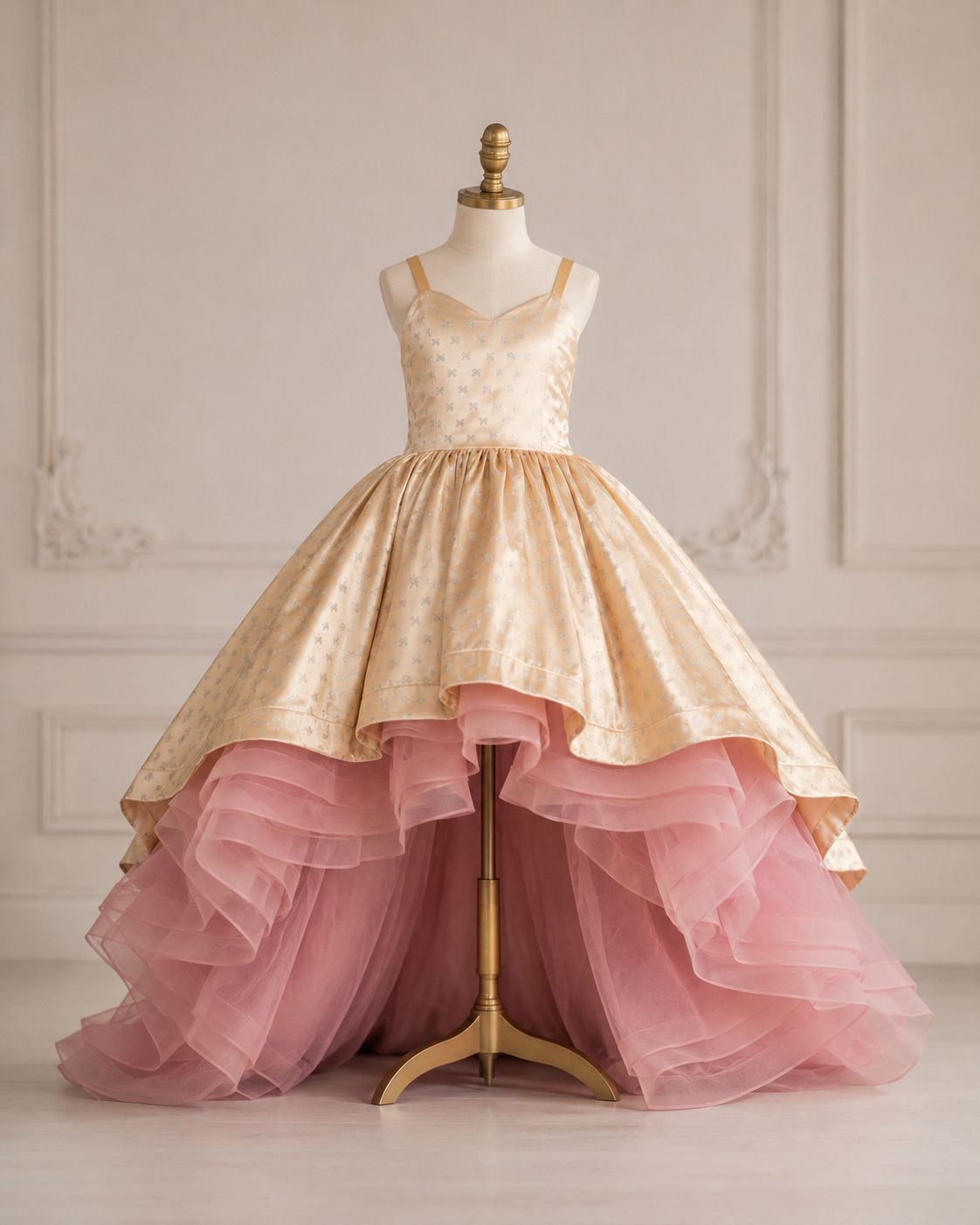 A formal ball gown displayed on a dress form mannequin in an elegant indoor setting. The dress features a champagne-gold satin bodice with subtle gold polka dots, a high-low waistline, and a layered tulle skirt in dusty pink and light pink.