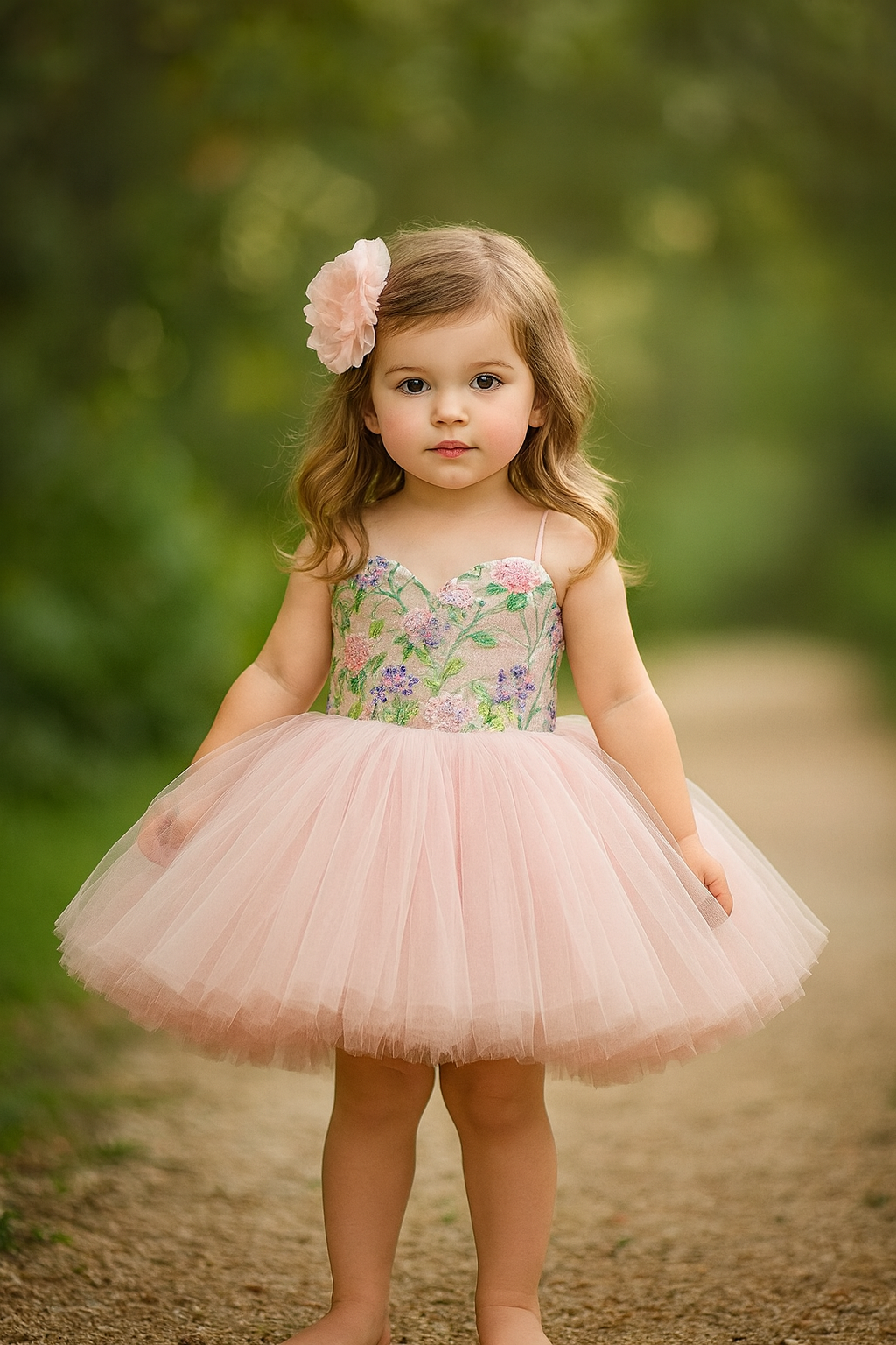 Young girl in a floral dress with a pink tutu standing outdoors.