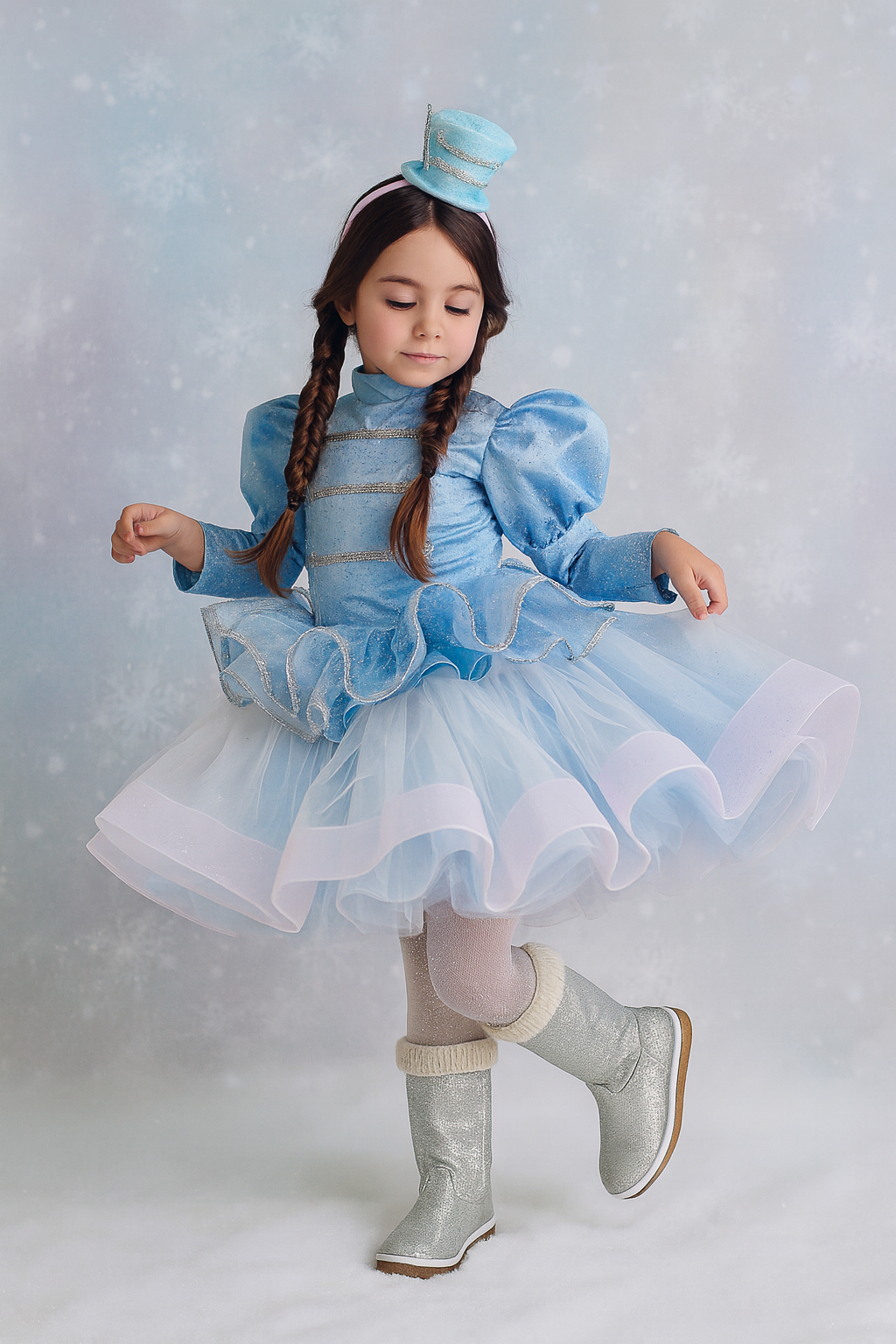 Child in a blue dress with puffed sleeves and a hat, standing against a light gray background.