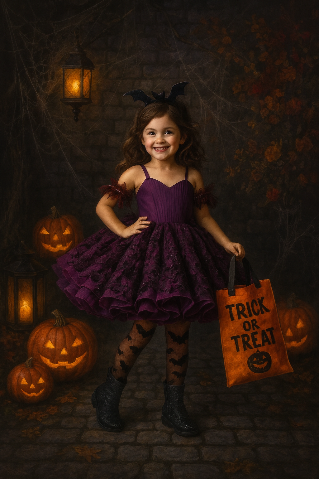A young girl in a deep purple couture cupcake gown stands in a Halloween-themed setting. She has wavy brown hair, wears a glittery bat headband, black bat-patterned stockings, and black glitter boots. She holds an orange “Trick or Treat” bag while standing on cobblestone ground surrounded by glowing jack-o’-lanterns, spiderwebs, and a spooky backdrop.
