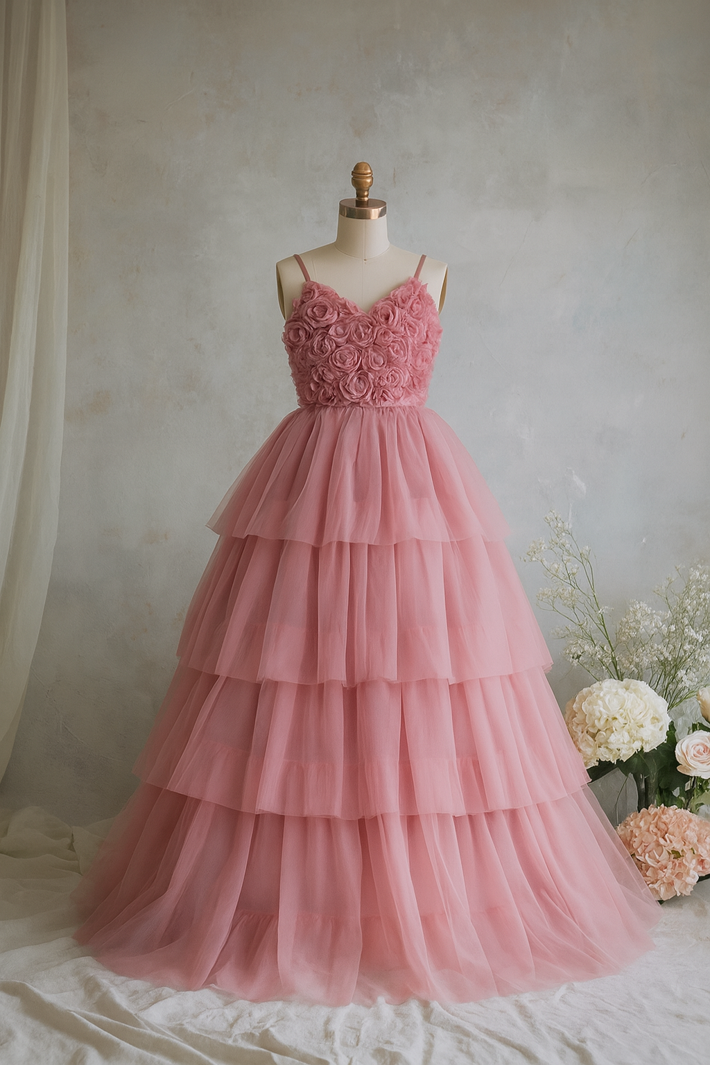 Pink tiered dress on a mannequin with flowers in the background