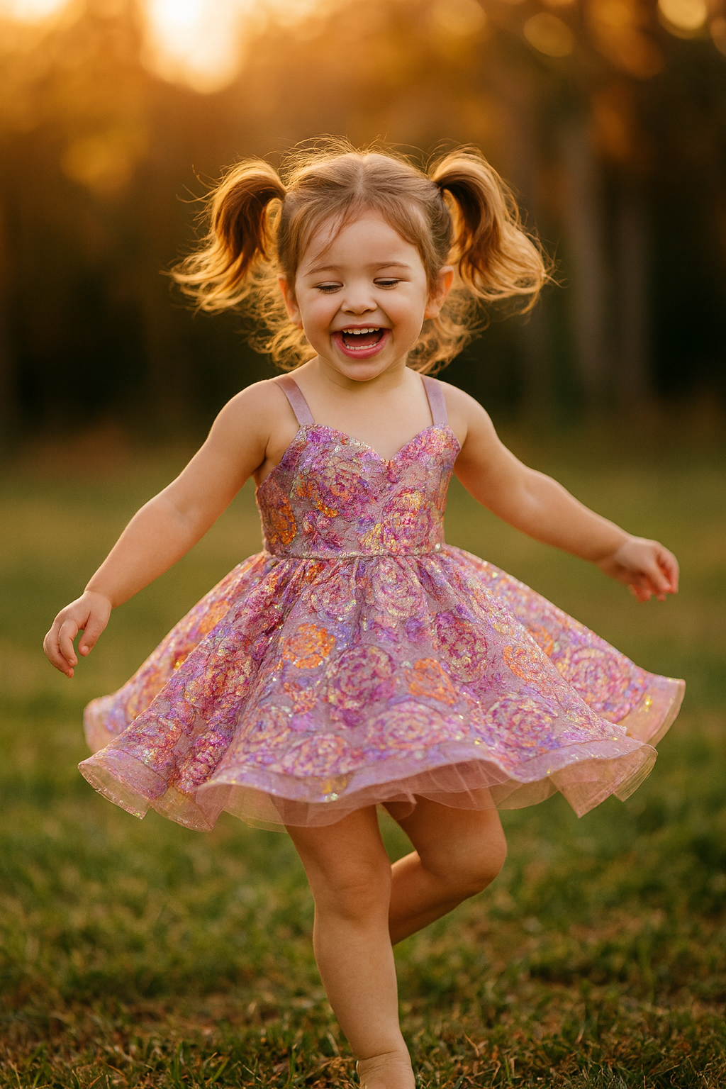 Child in a floral dress running outdoors with a blurred natural background
