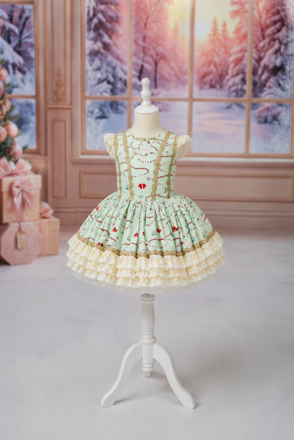 A light green and cream ruffled dress with red cherry embroidery displayed on a white dress form mannequin in front of a window showing a snowy forest scene.