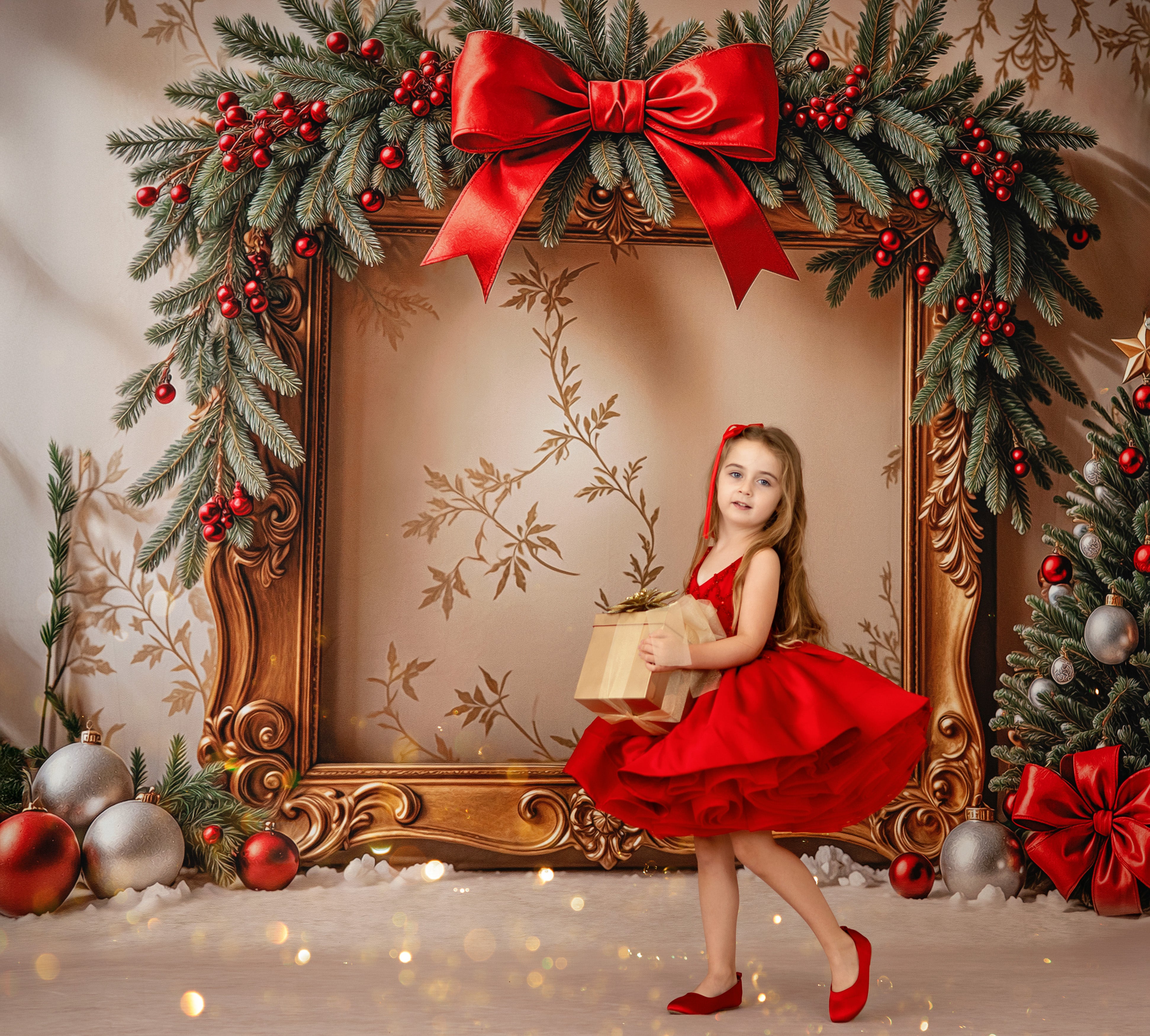 Young girl in a red dress holding a gift box, surrounded by Christmas decorations including a large framed wreath with a red bow.