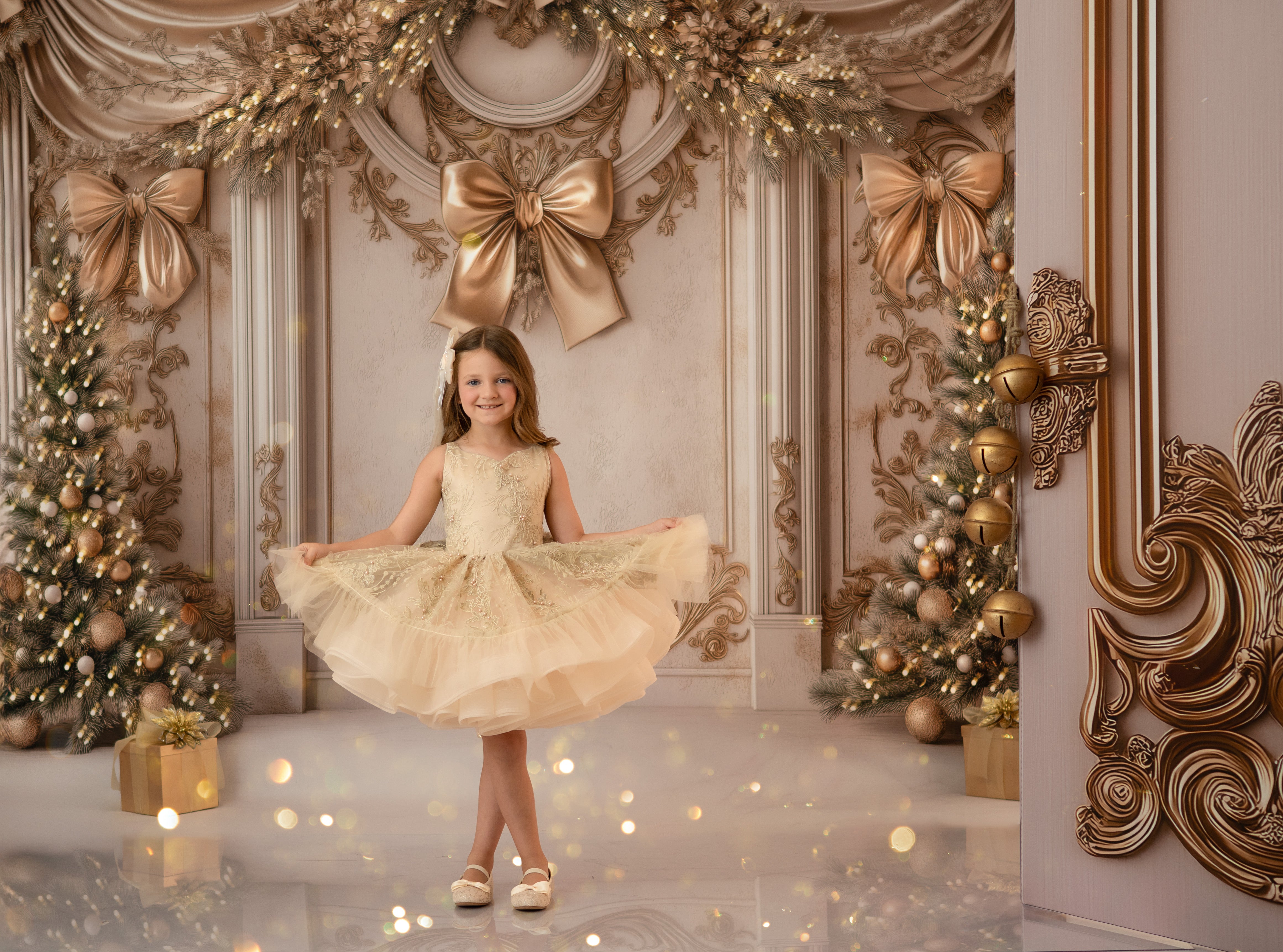 Young girl in a yellow dress standing in a decorated room with gold bows and Christmas trees.
