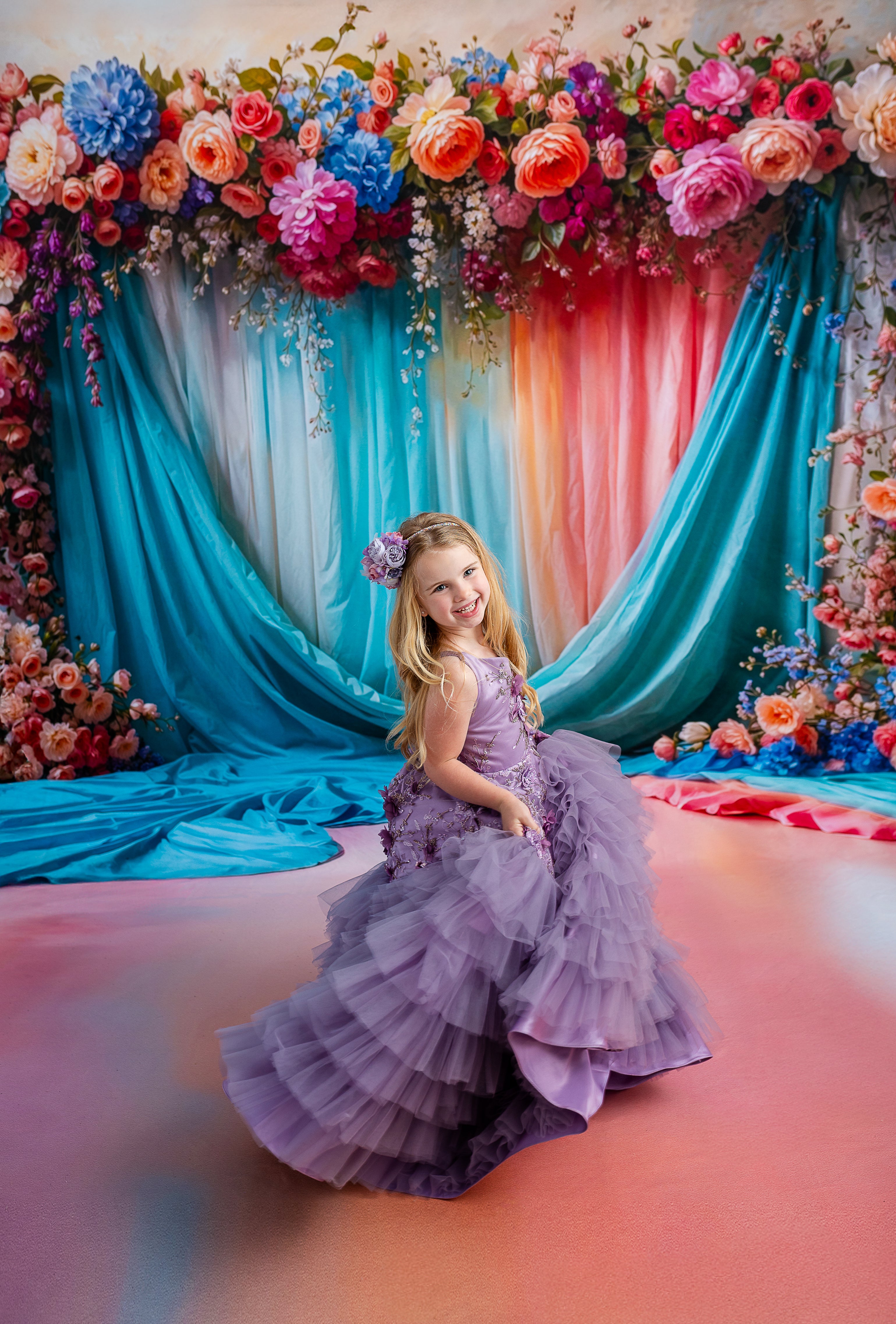 "Lavender floor-length gown with delicate floral appliqués and detachable puff sleeves, offering a whimsical and versatile style."