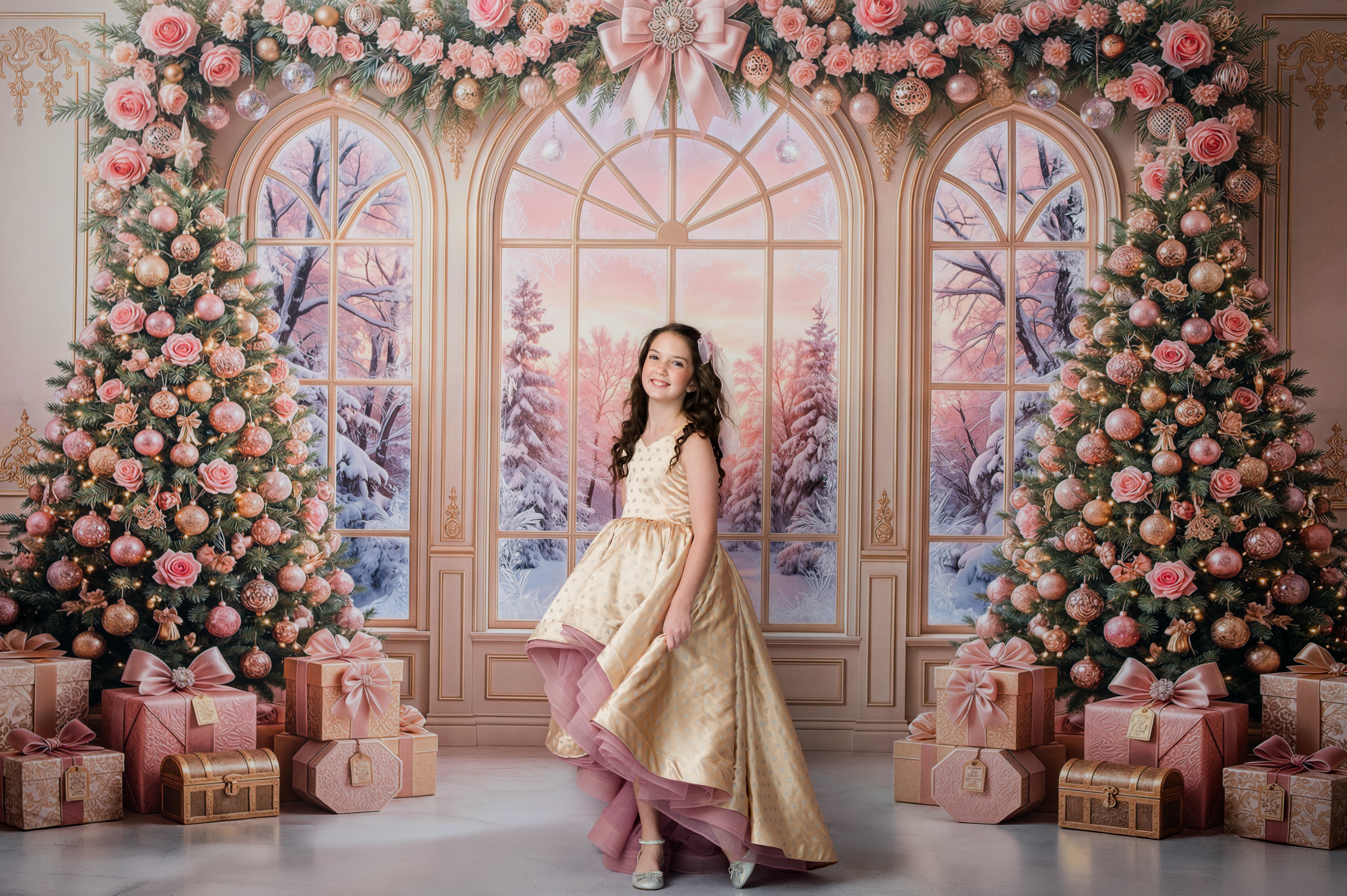 A young girl in a champagne gold and dusty pink ballgown stands in a festive Christmas studio setting with two decorated Christmas trees, wrapped gifts, and arched windows showing a snowy winter scene.