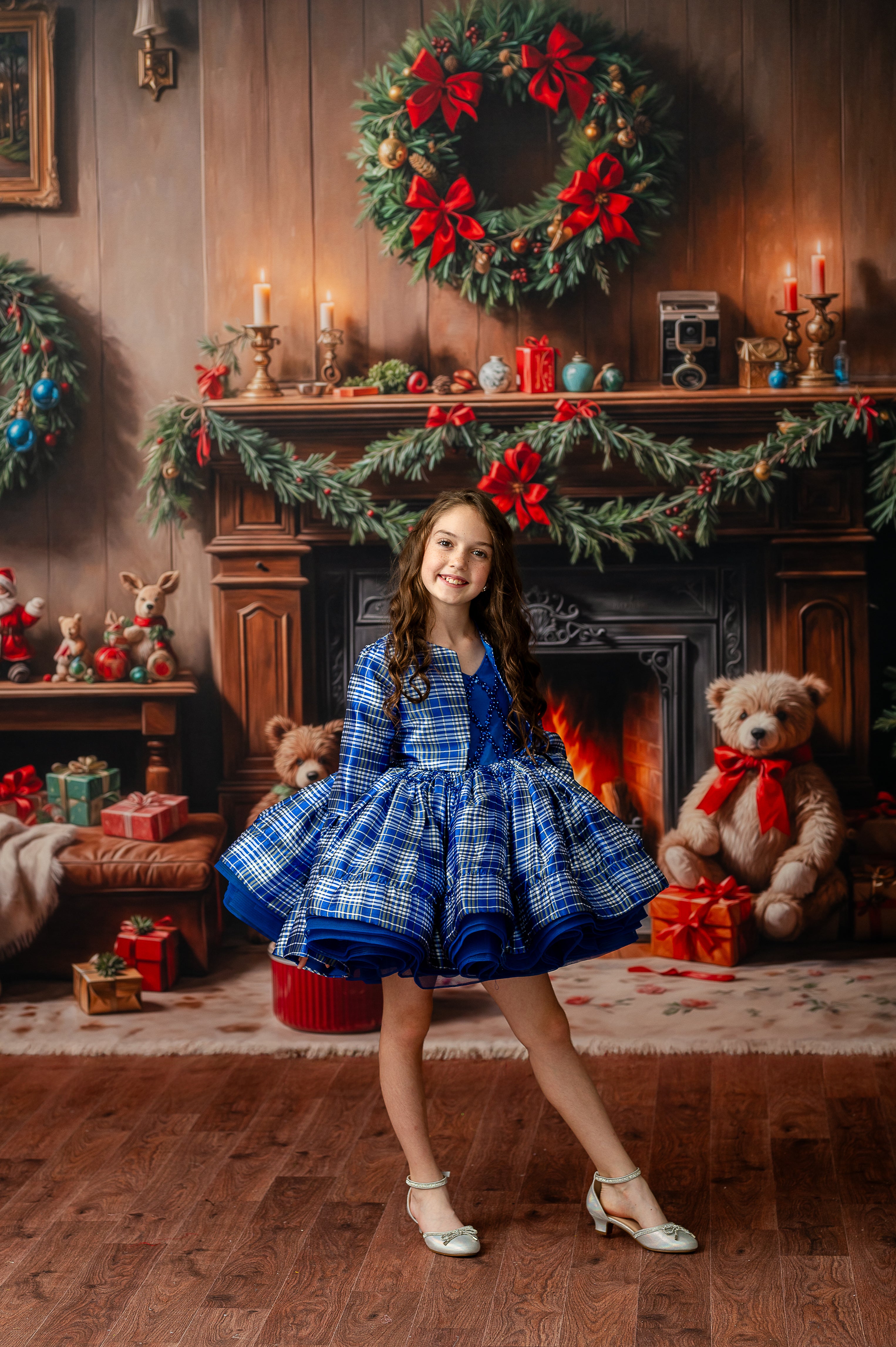 Holiday portrait featuring girl twirling in the elegant Holiday Magic Dress