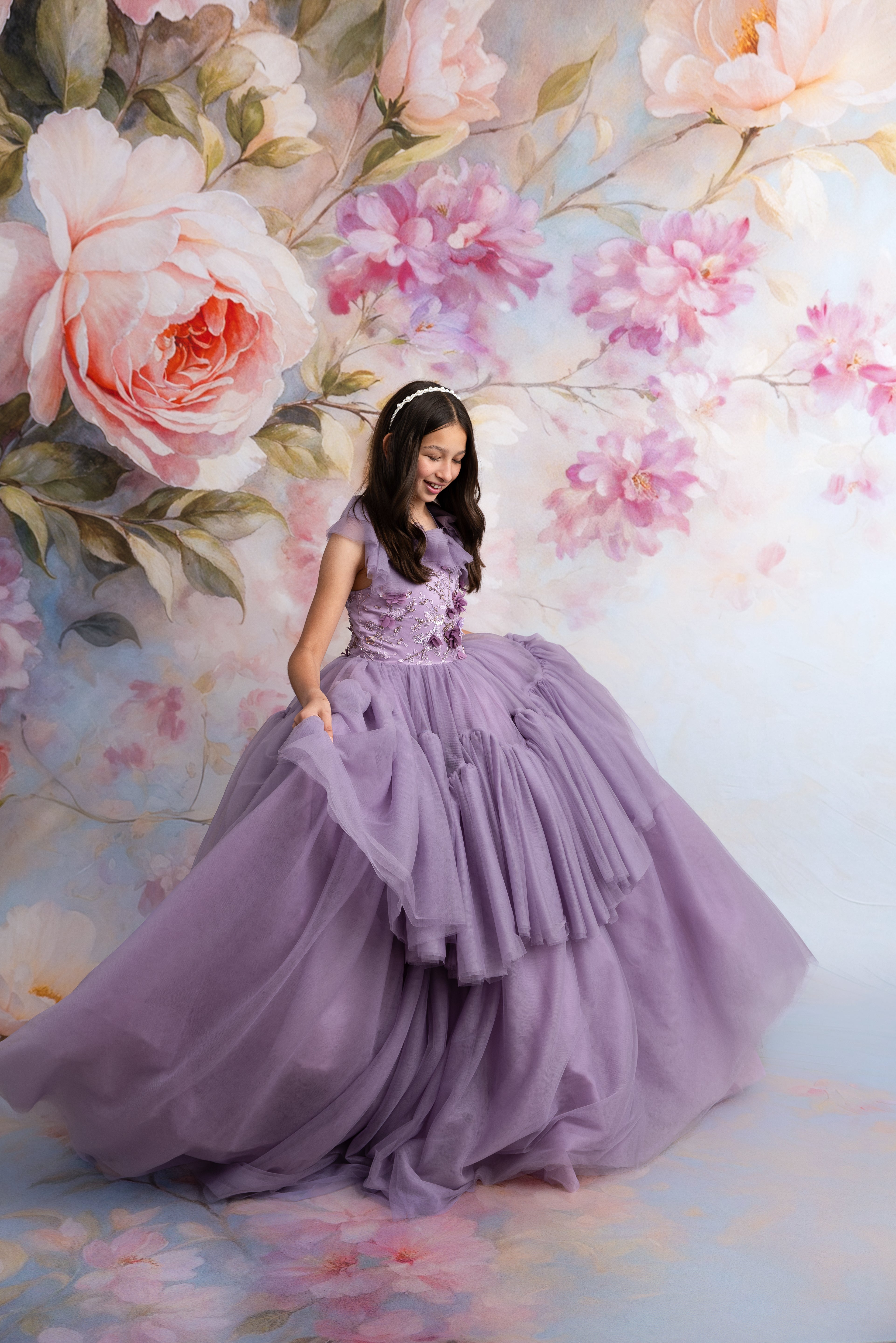Full view of Violet Grace gown showing cascading layers of bridal soft tulle