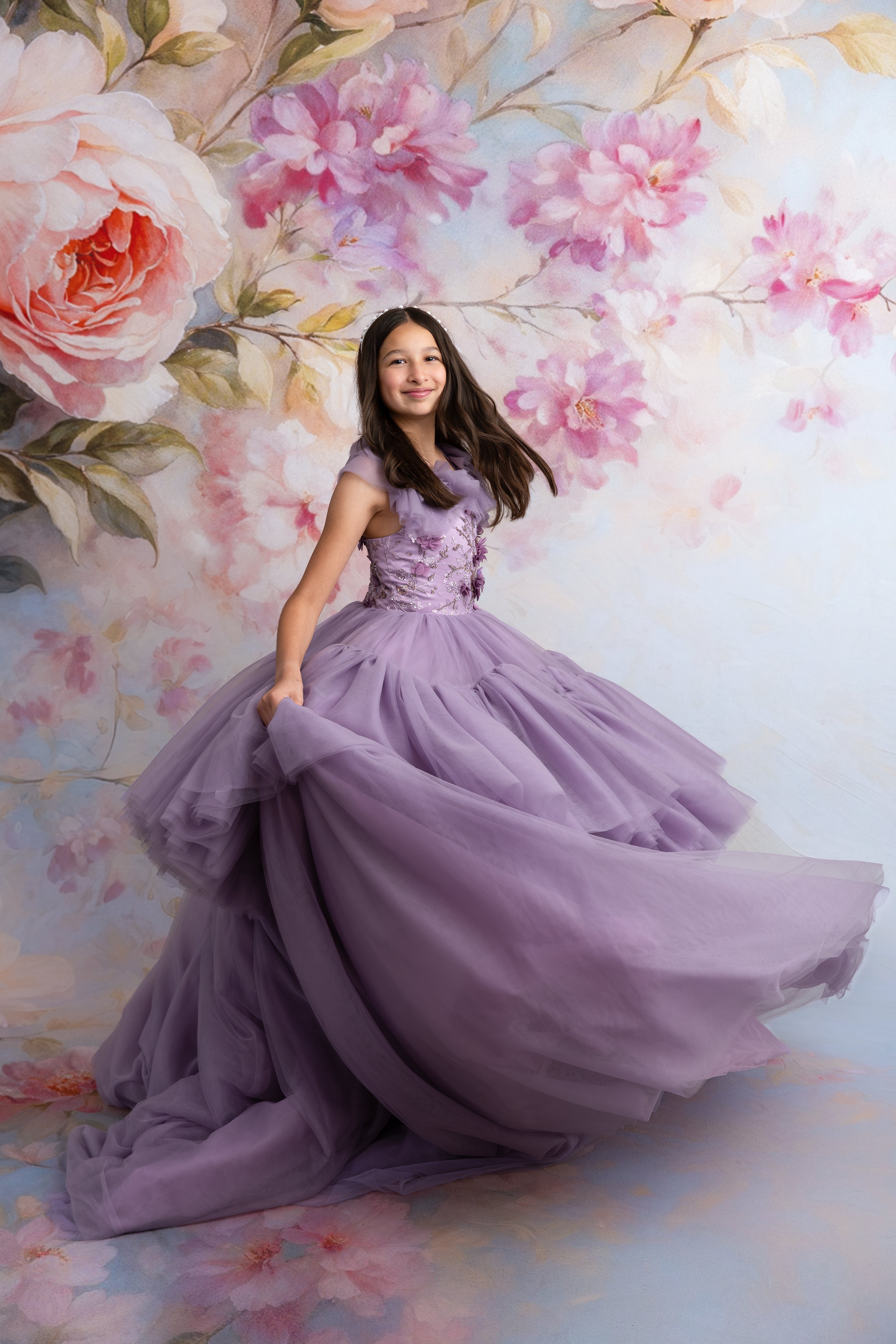 Violet Grace gown in motion, highlighting the dreamy tiered tulle skirt