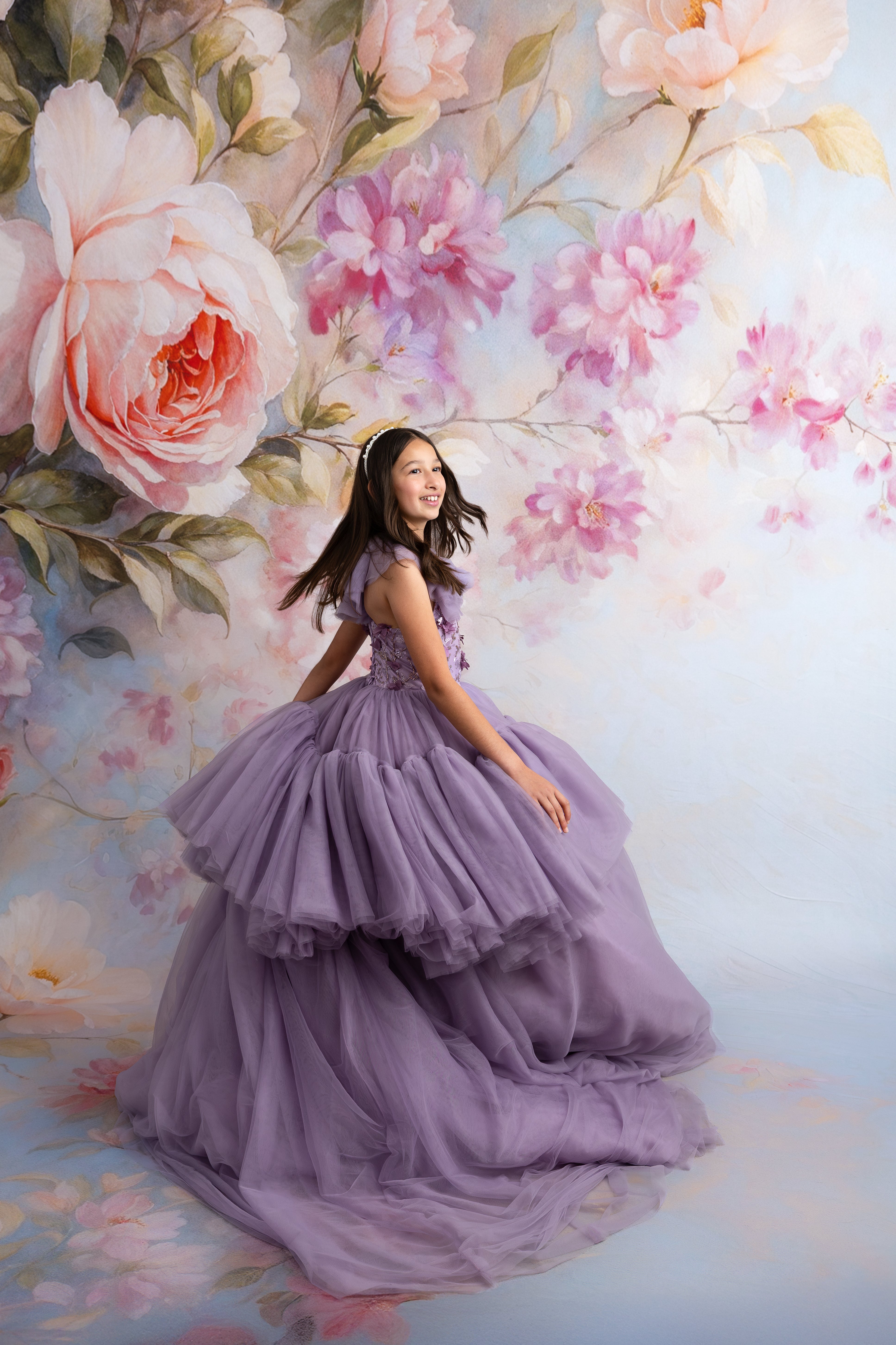 Soft violet gown with voluminous silhouette styled for fine art photography