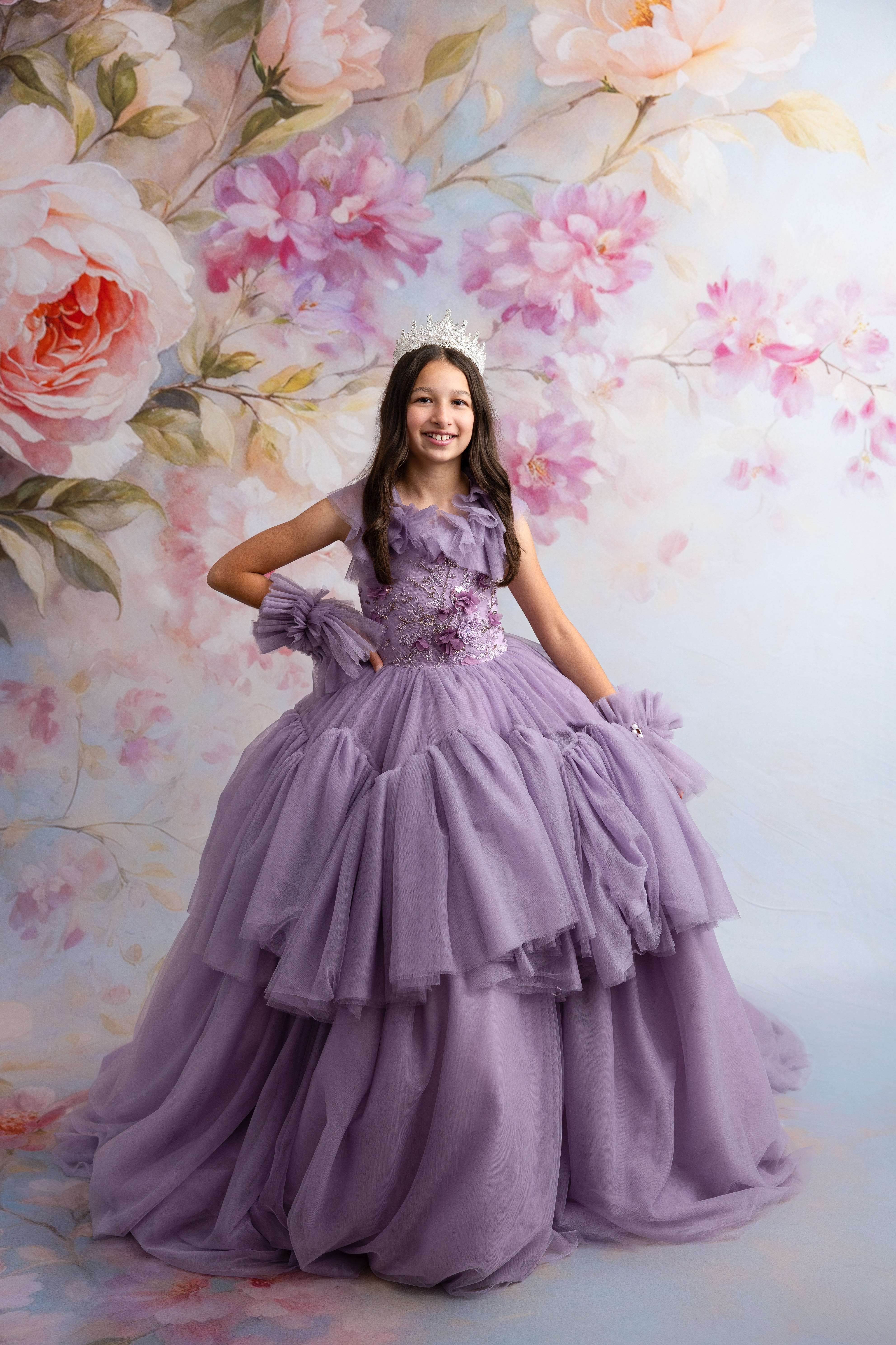 Close-up of floral beaded appliqués and embroidery on Violet Grace gown bodice