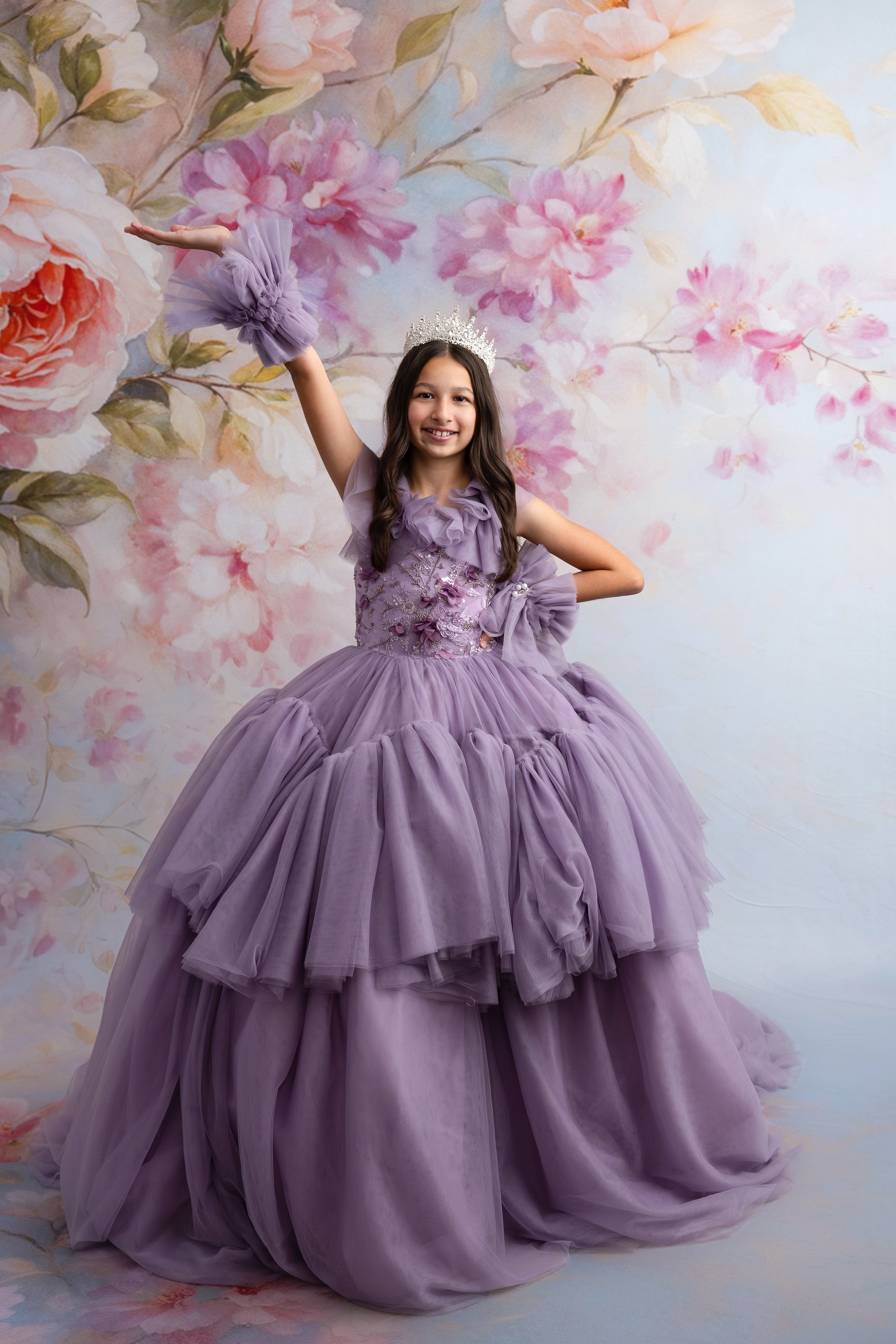 Elegant studio portrait of Violet Grace gown with soft lighting and gentle pose