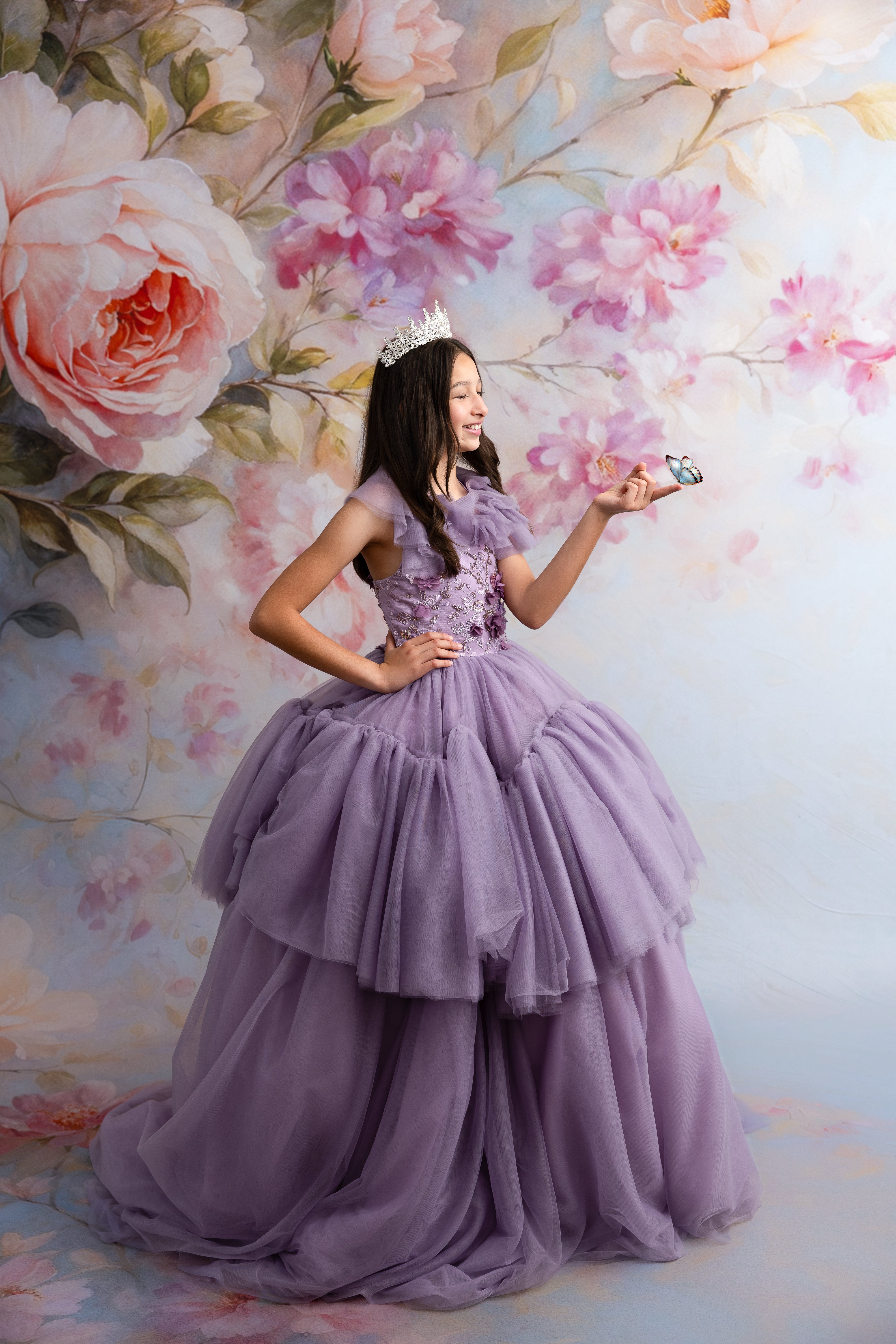 Soft-focus garden shoot featuring Violet Grace gown and matching accessories