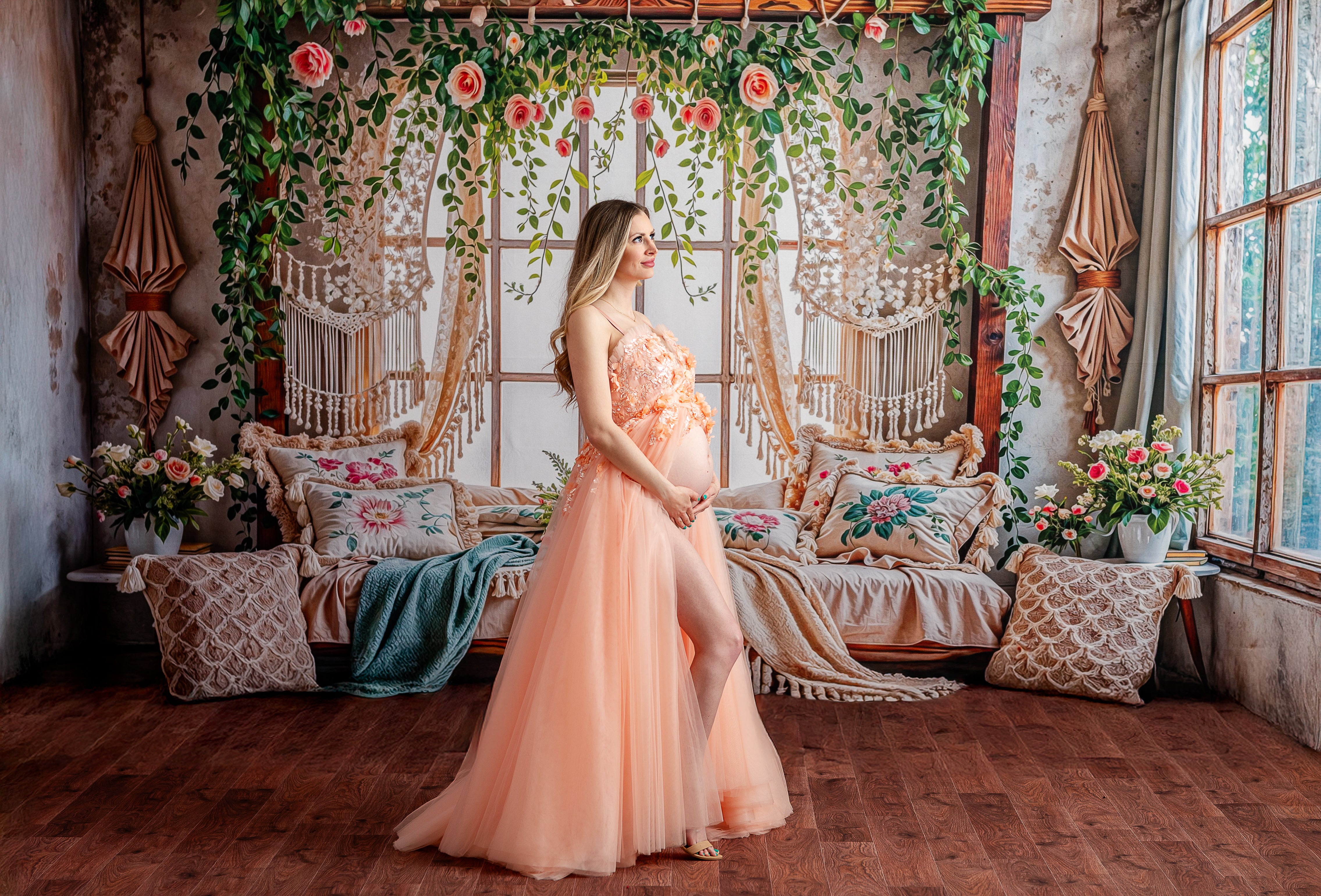 "Flexible fit Peach Blossom Gown with corseted back and lightweight tulle, perfect for maternity and non-maternity occasions."