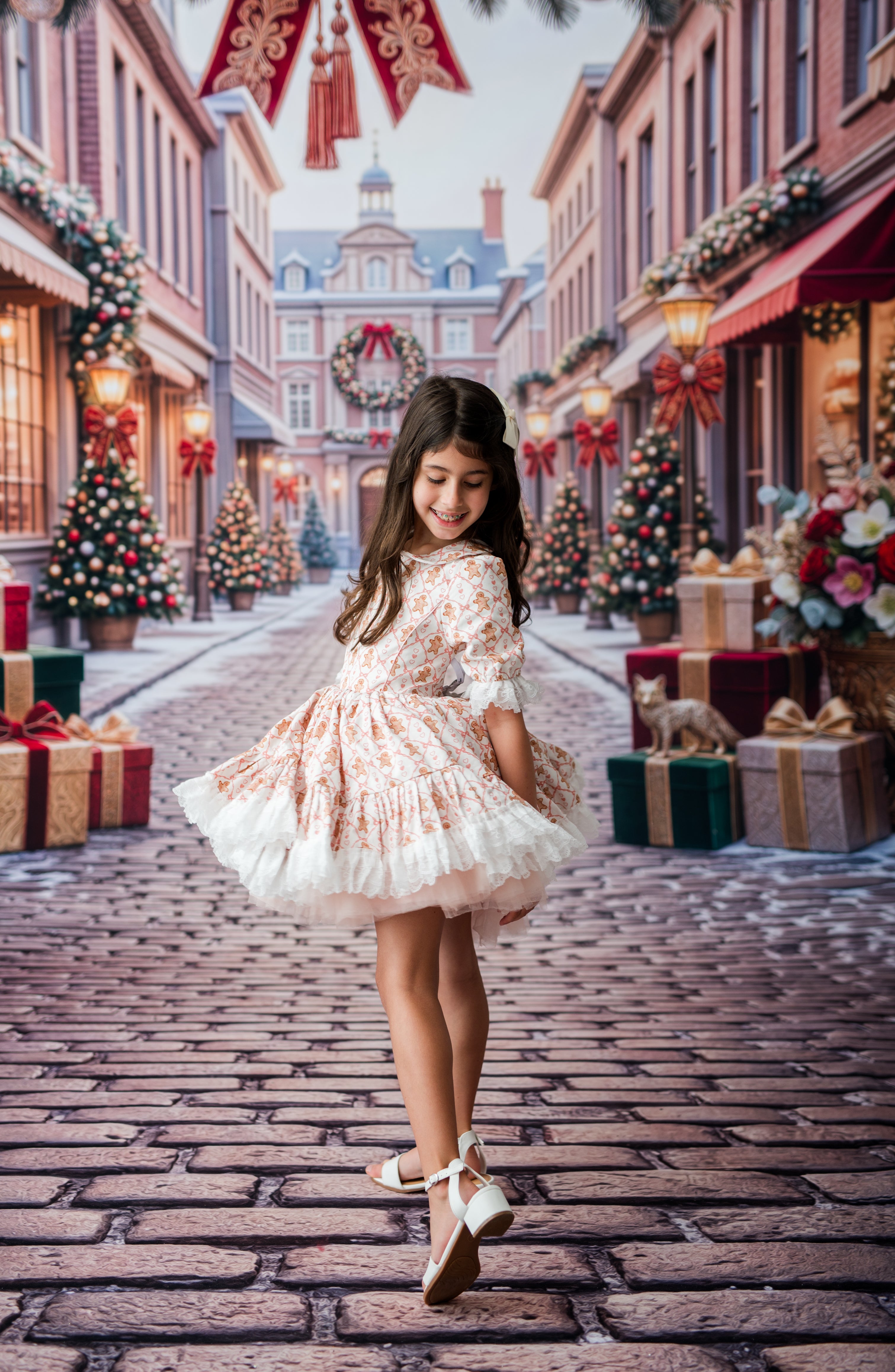 A young girl with long dark hair stands on a cobblestone street wearing a white tulle dress with a beige floral pattern and white heels. The background depicts a festive Christmas town scene with decorated trees, gift boxes, and red awnings.