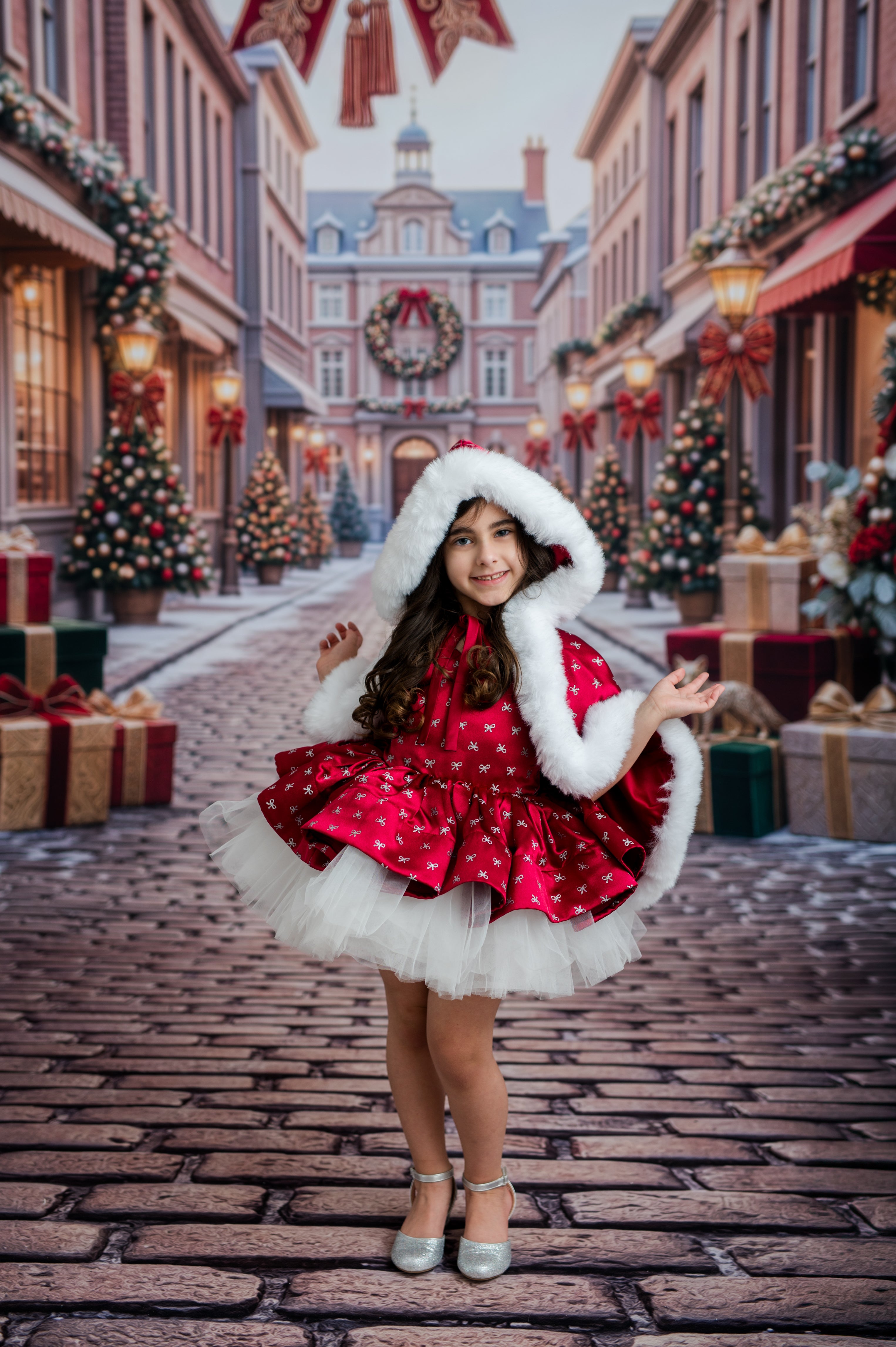 The Scarlet Snowfall 3-Piece Couture Rental | Dress + Detachable Jacket & Faux Fur Cape | Fits 3Y–4Y