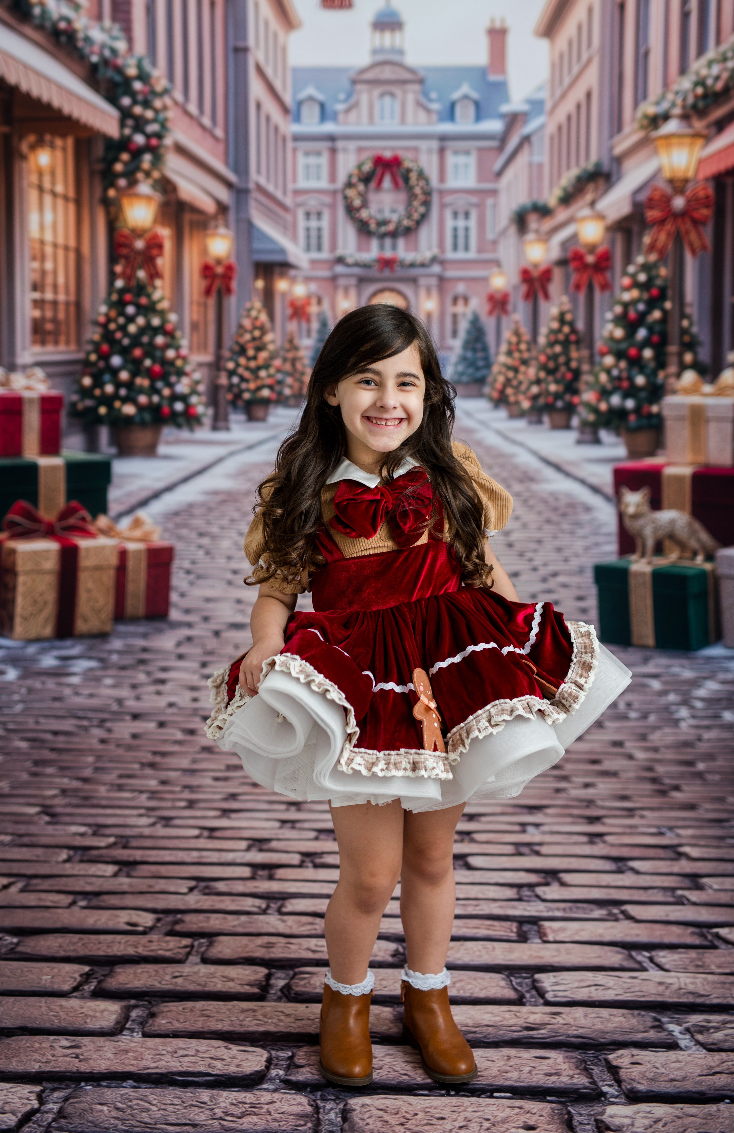 A young girl stands on a cobblestone street wearing a festive red and white holiday dress with brown boots, surrounded by decorated Christmas trees, gift boxes, and warm streetlights in the background.