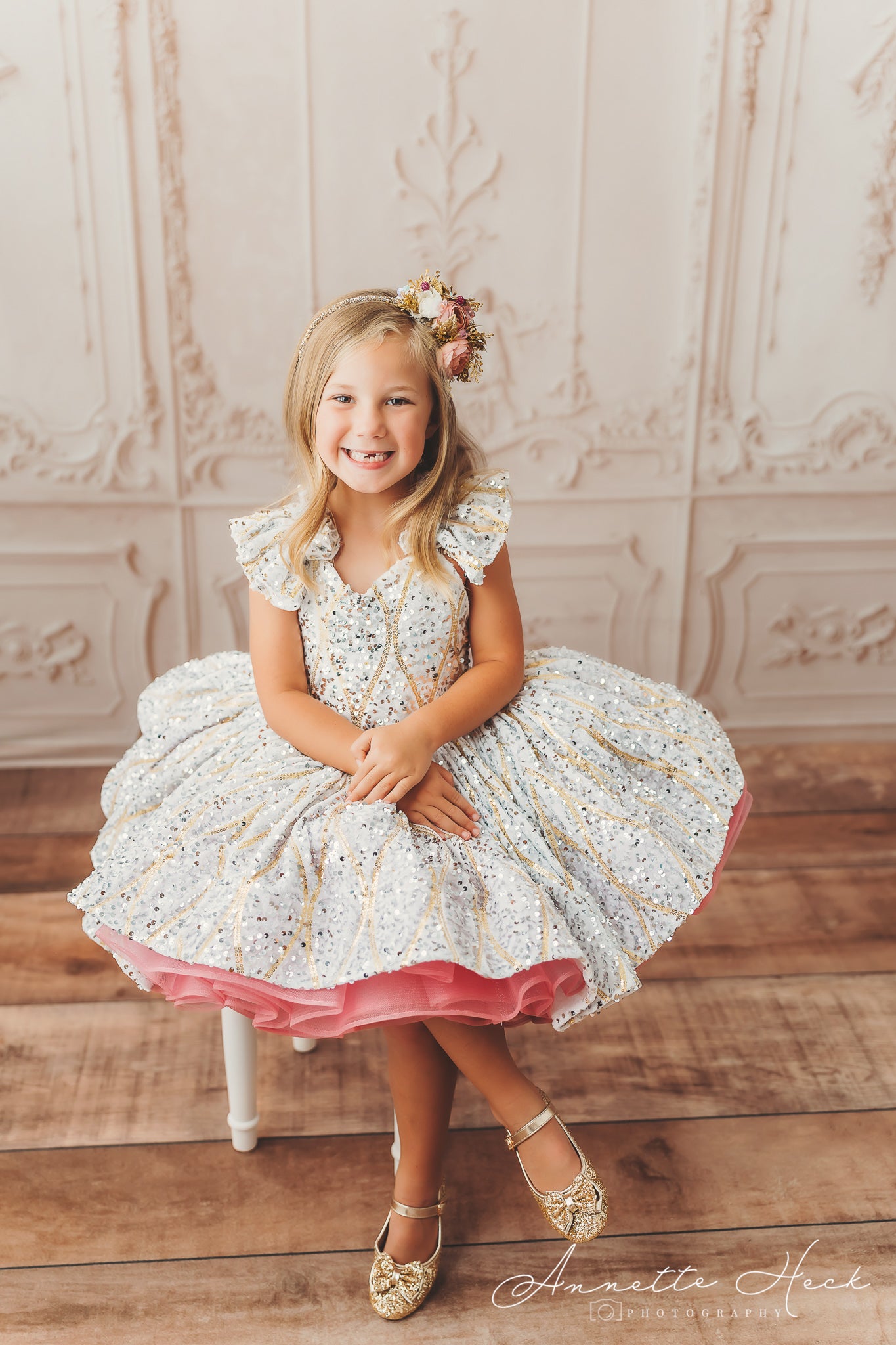 RETIRED RENTAL EUC will not make again OOAK "Sweetheart Dance" - White Petal Length Dress ( 6 Year - Petite 7 Year)