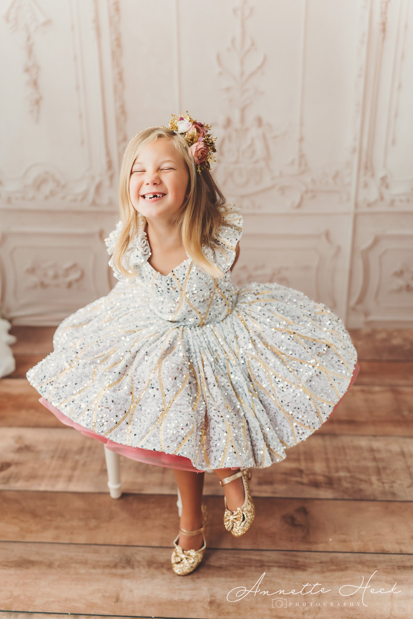 RETIRED RENTAL EUC will not make again OOAK "Sweetheart Dance" - White Petal Length Dress ( 6 Year - Petite 7 Year)