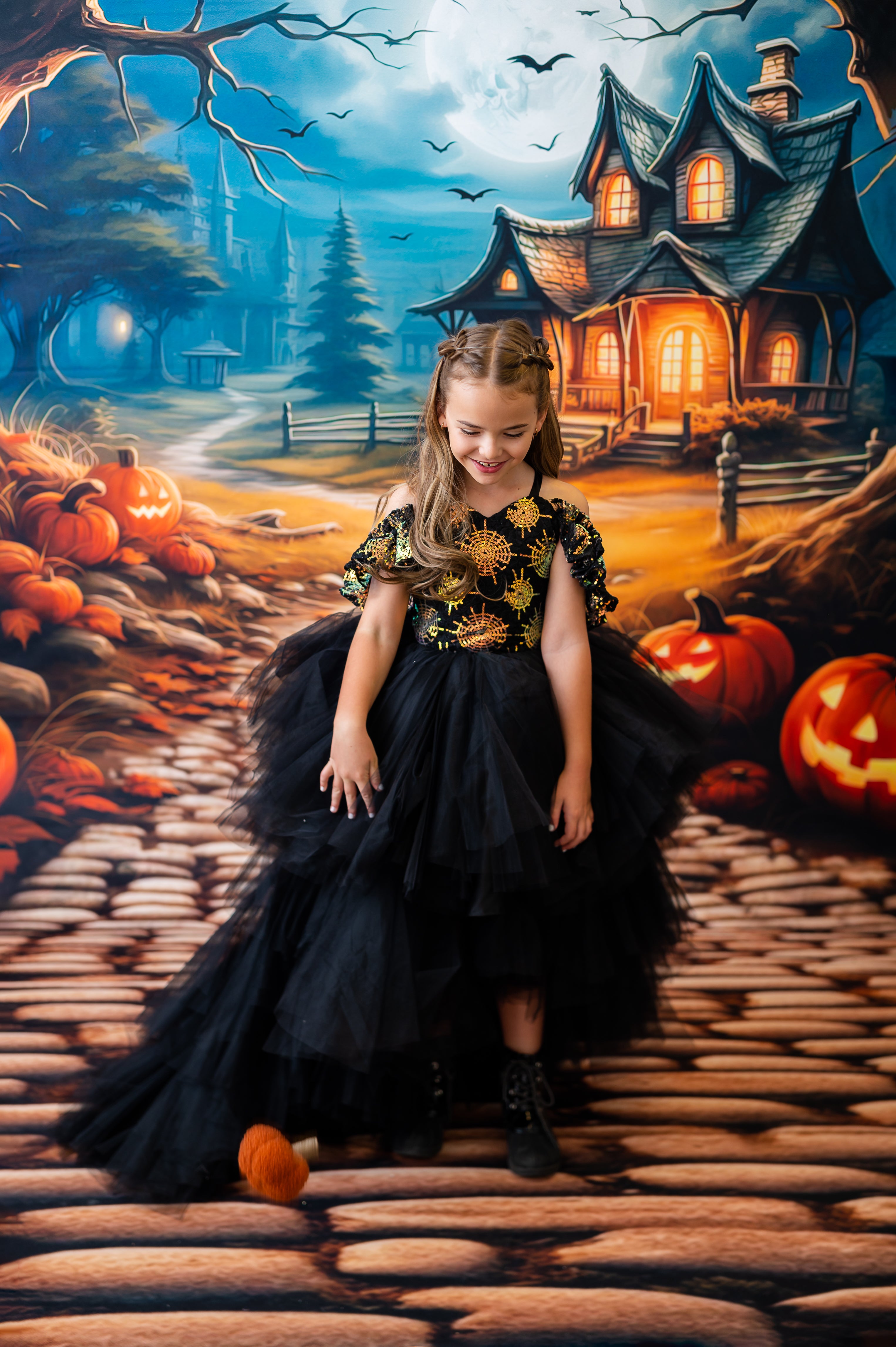 Spinderella high low black embroidered mesh Halloween dress for girls