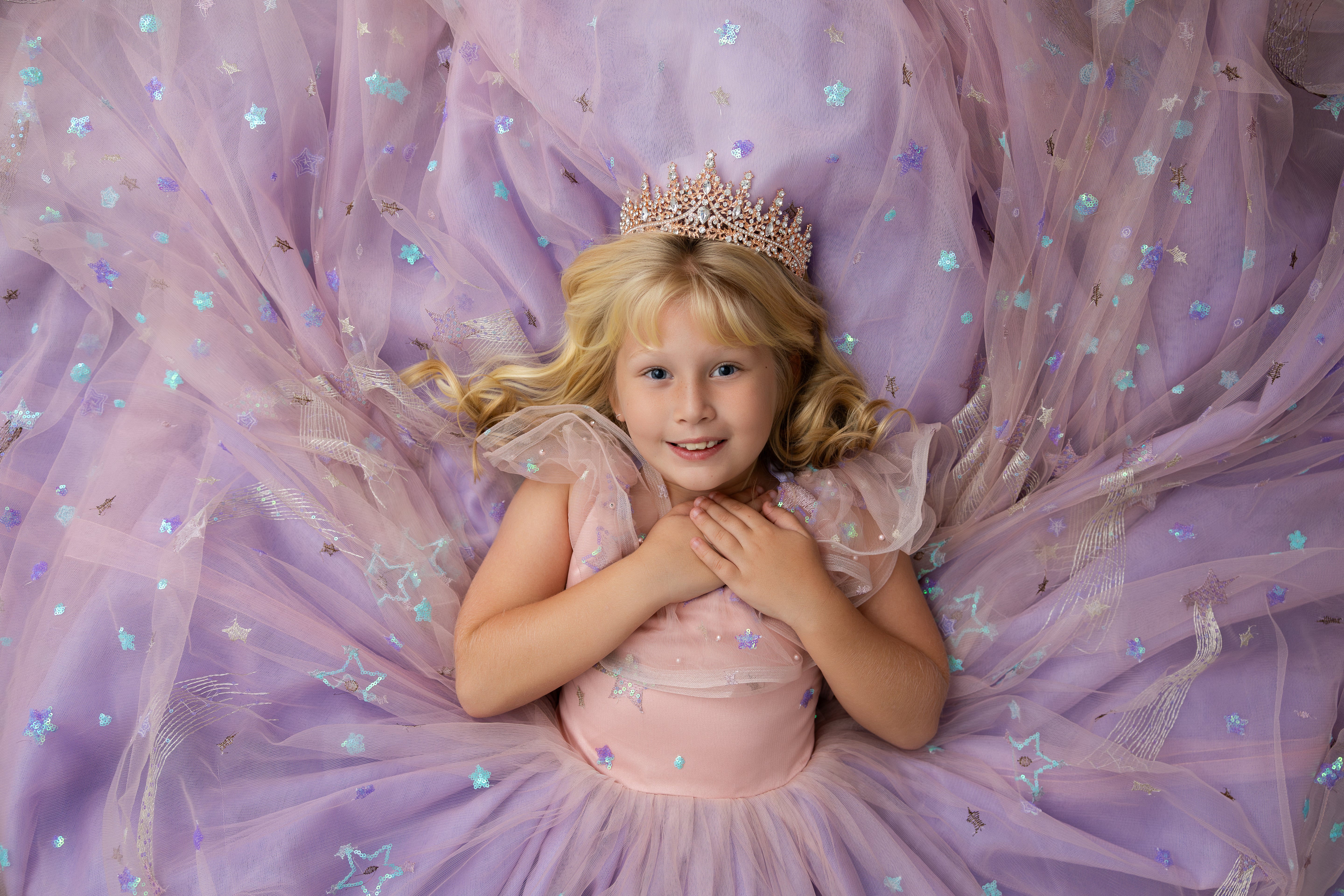 All That Shimmers - Pink and Purple Floor long gown (7 Year-Petite 9 Year)
