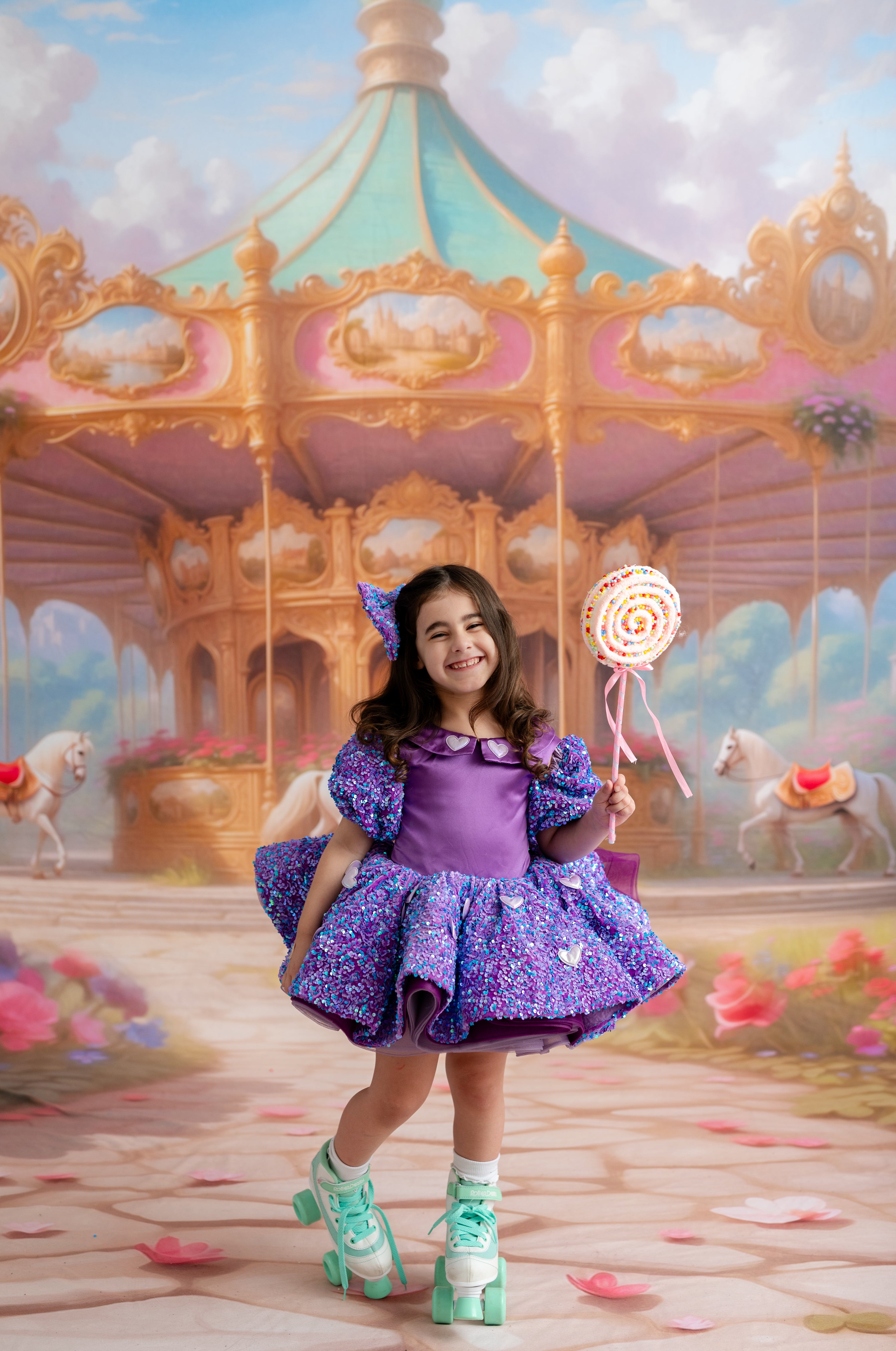Little girl wearing the Lovebug Petal Length Dress in lavender satin and sequin fabric by Bentley and Lace.
