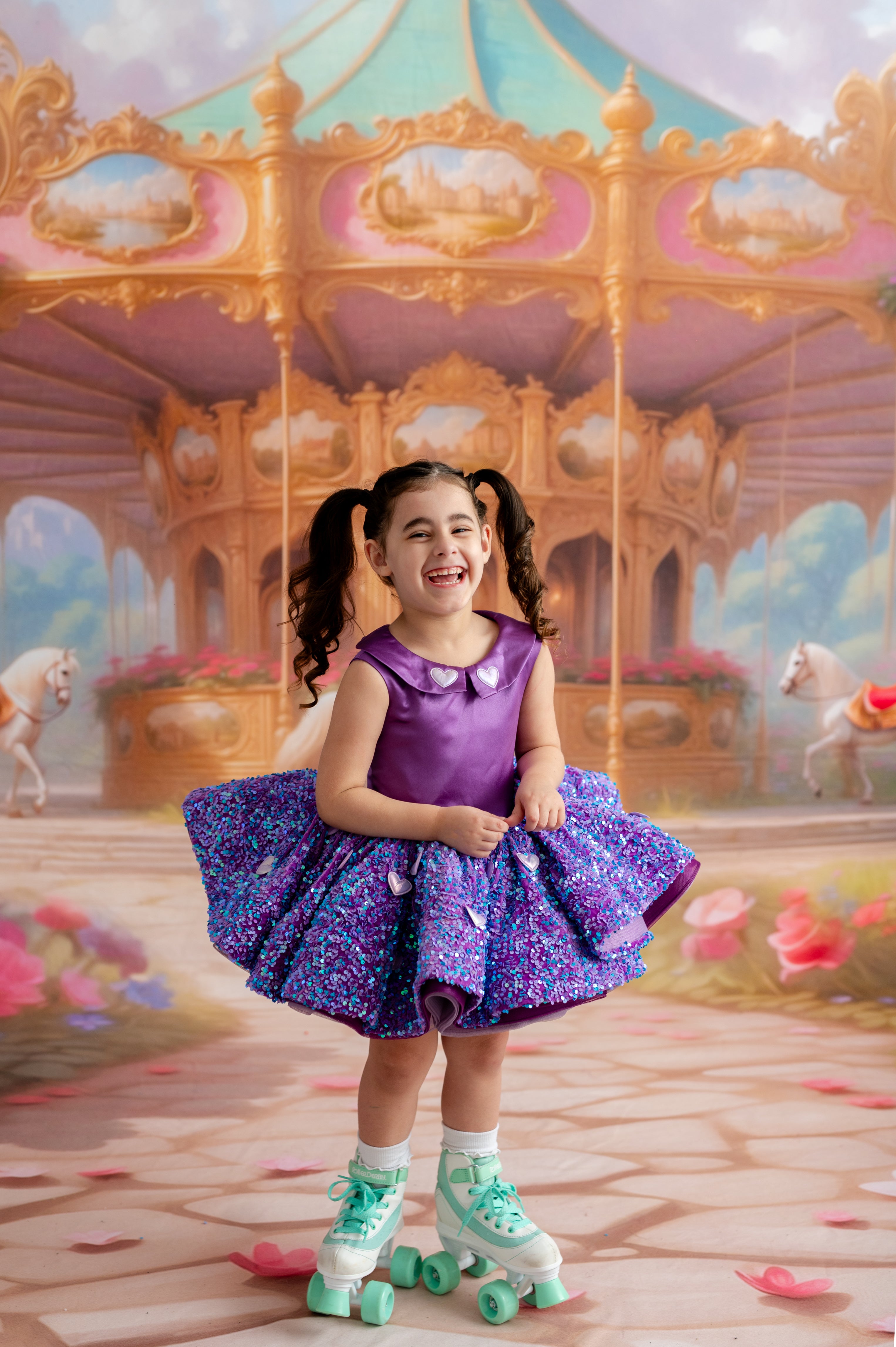 Child’s couture lavender dress with puff sleeves and Peter Pan collar styled for fine art photography.