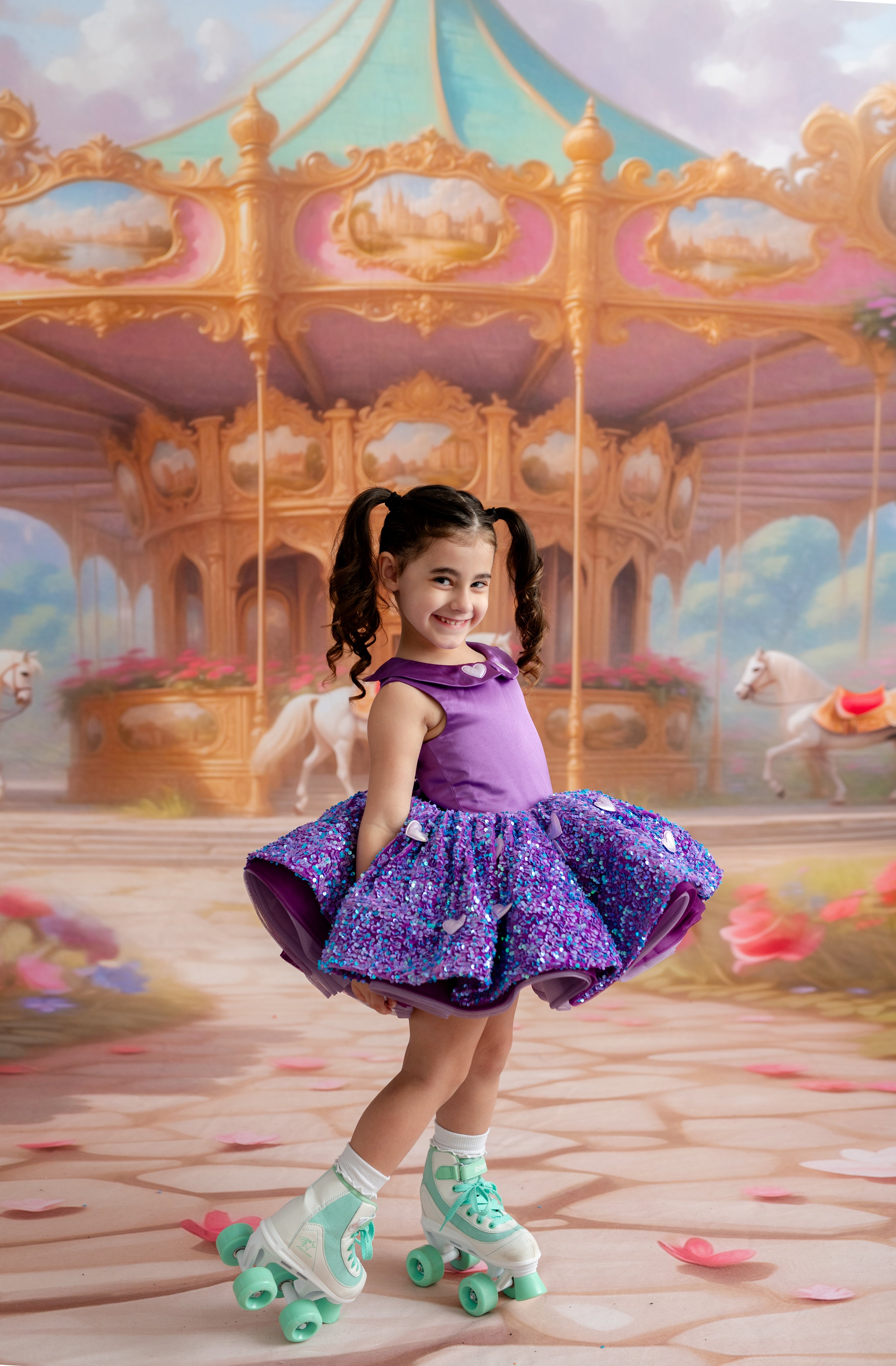 Whimsical lavender petal-length gown for girls with full twirl skirt and oversized bow accent.