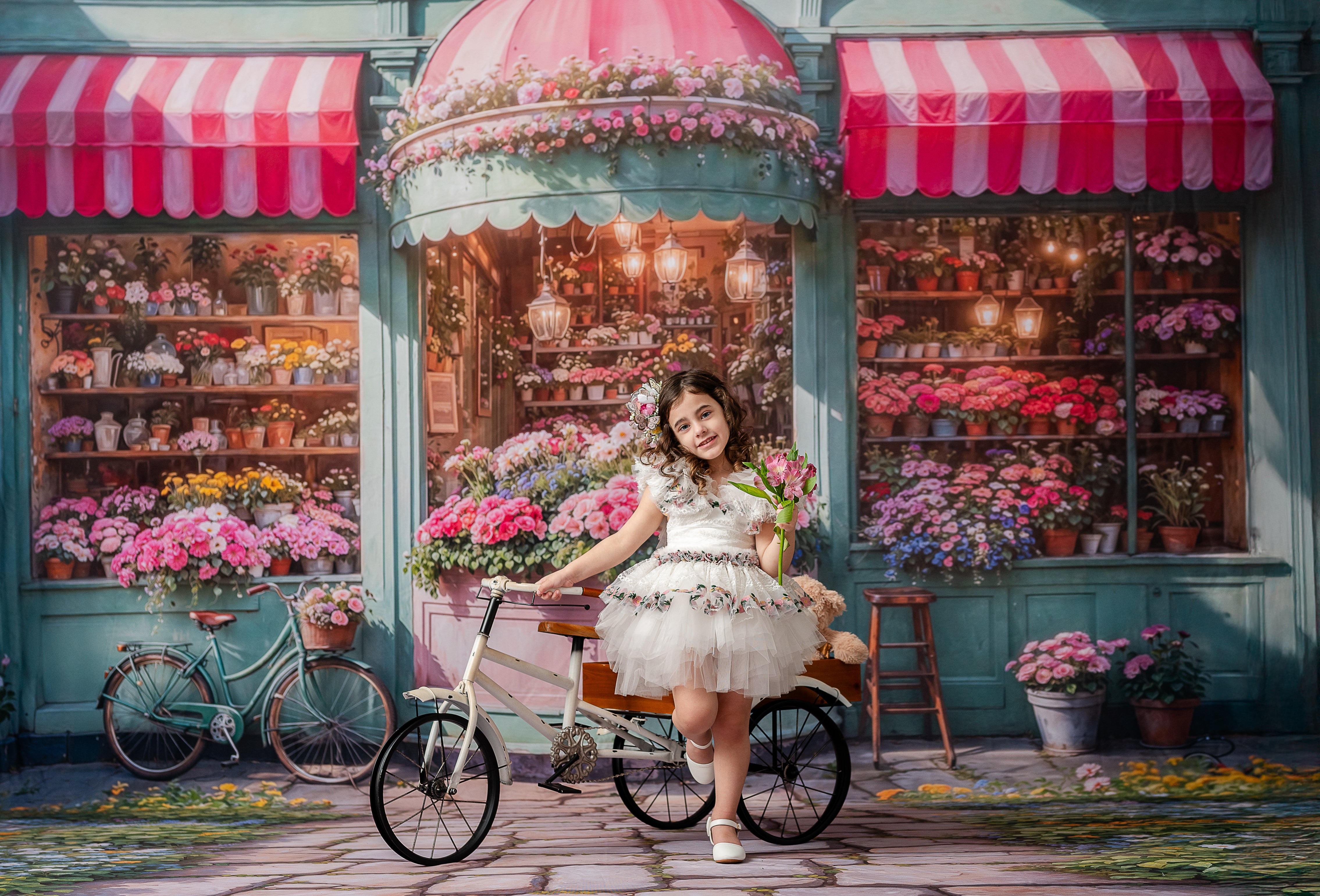 "A delightful spring scene featuring a girl in a lace dress adorned with flower details, posing in front of a colorful flower market."