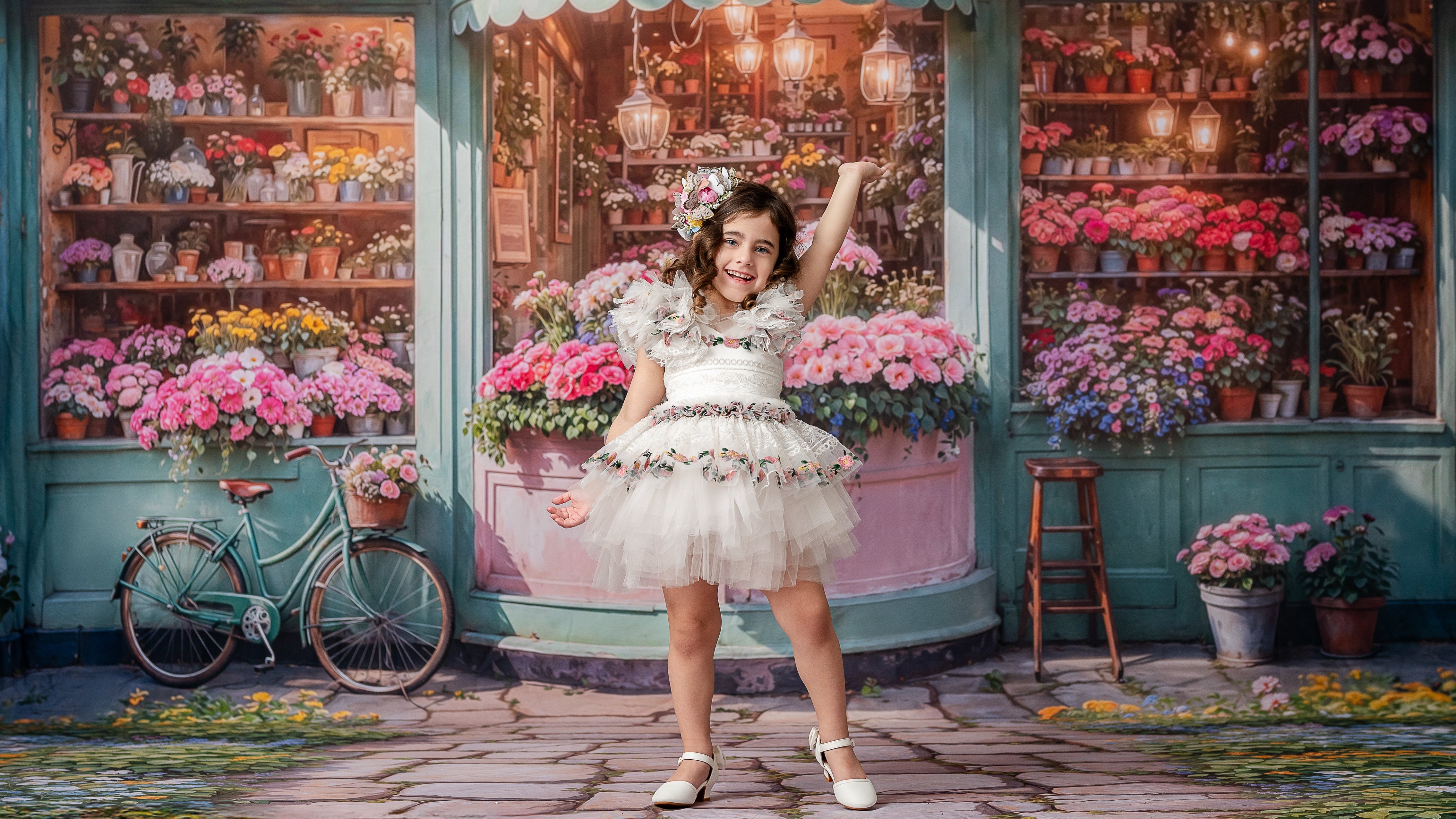 Young girl in a white dress standing in front of a colorful flower shop with flowers and a bicycle.