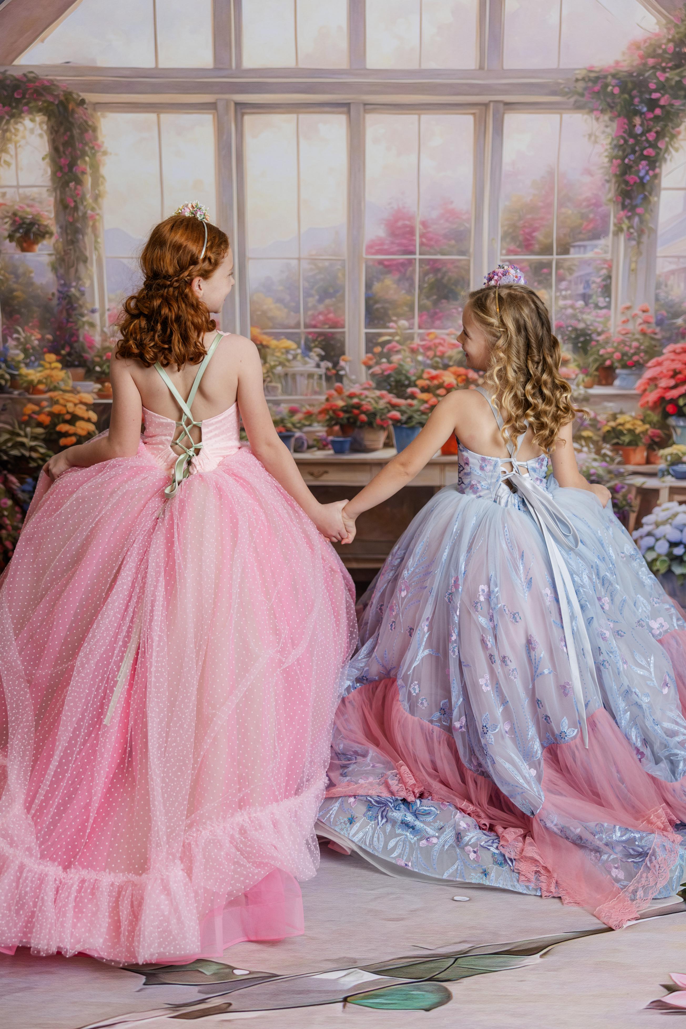 "Swish Dot" Couture Pastel Floor length gown ( 8 Year - Petite 11 Year)