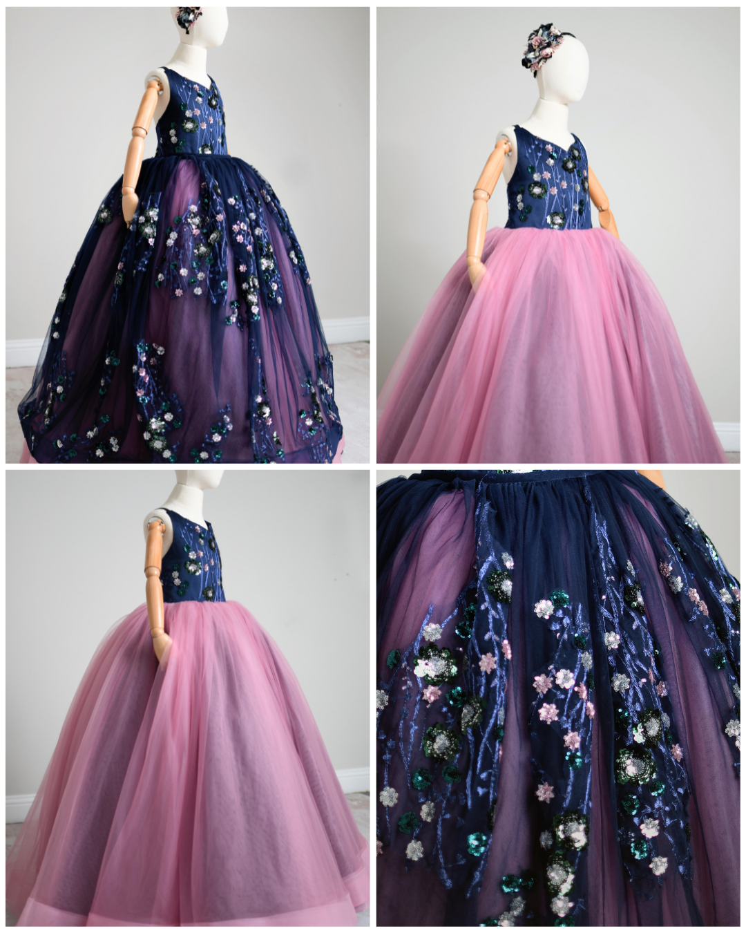 "Midnight Garden"- Floor length gown+detachable sequin skirt (9 year- 11 year)