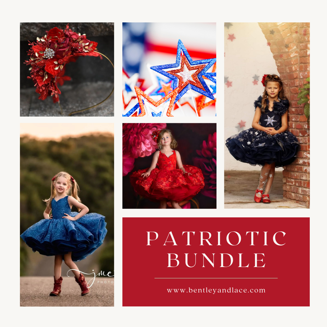 Seasonal Bundle Box Promo BOX 2 - 3 GOWNS "Patriotic Shimmer" Petal Length Dress Navy (6 Year - Petite 7 Year) + "Bleue" - Petal Short Length Dress (4 Year - Petite 5 Year)+"Samantha" Rose - Petal Length Dress - ( 5 Year - Petite 7 Year)+3 headbands