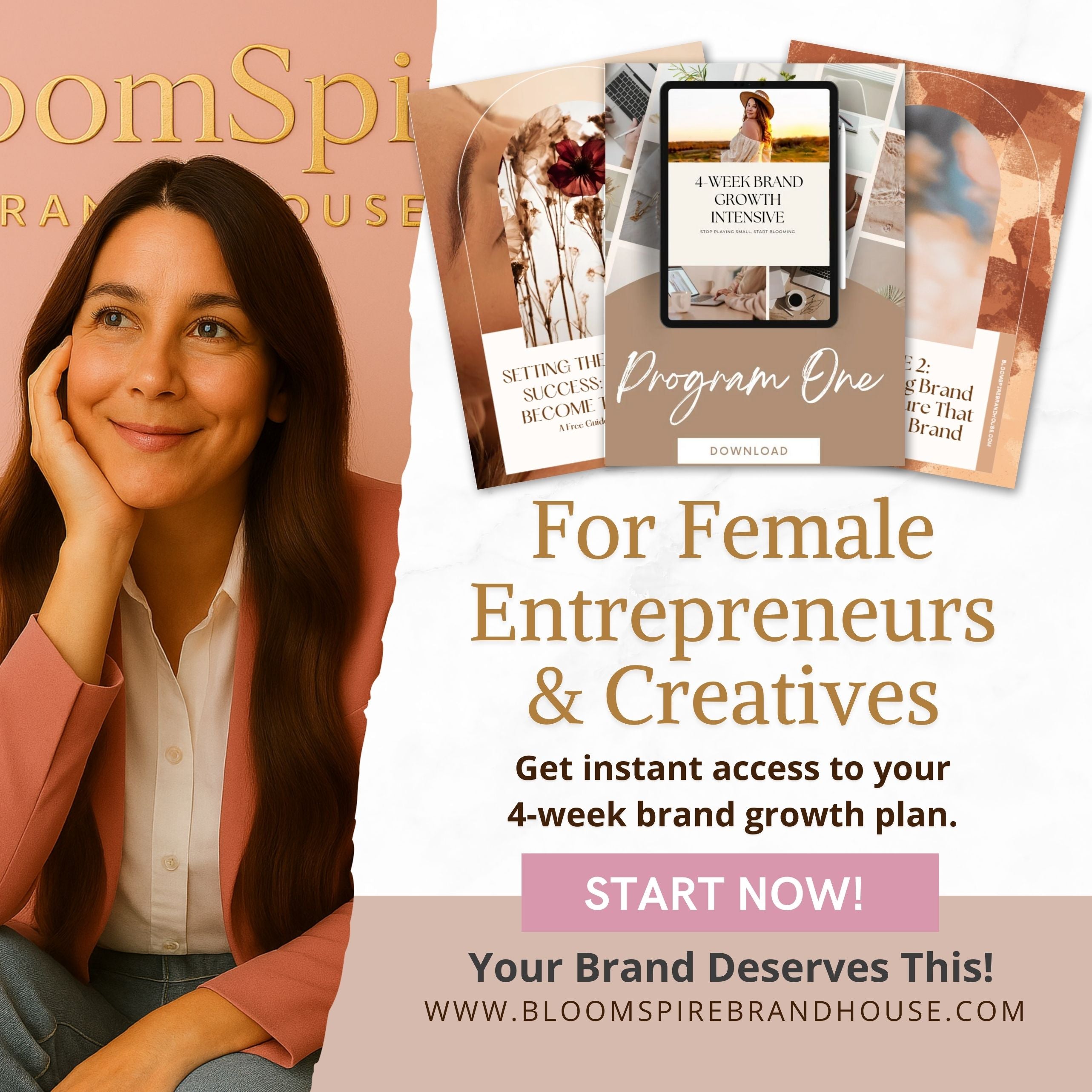 Promotional graphic for BloomSpire Brand House with a woman and brand growth plan materials.