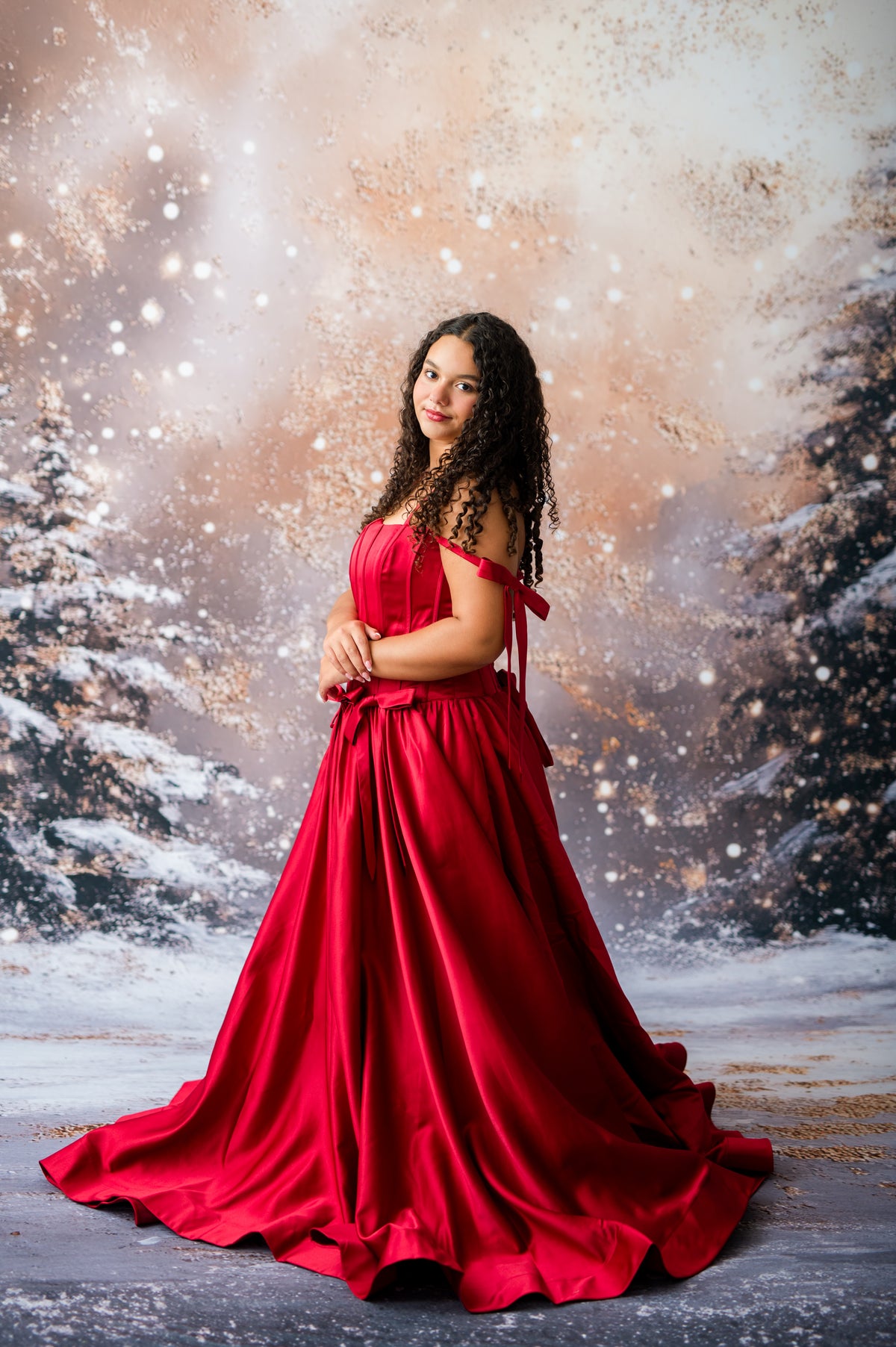Scarlet Grace red satin corset ball gown with detachable bows