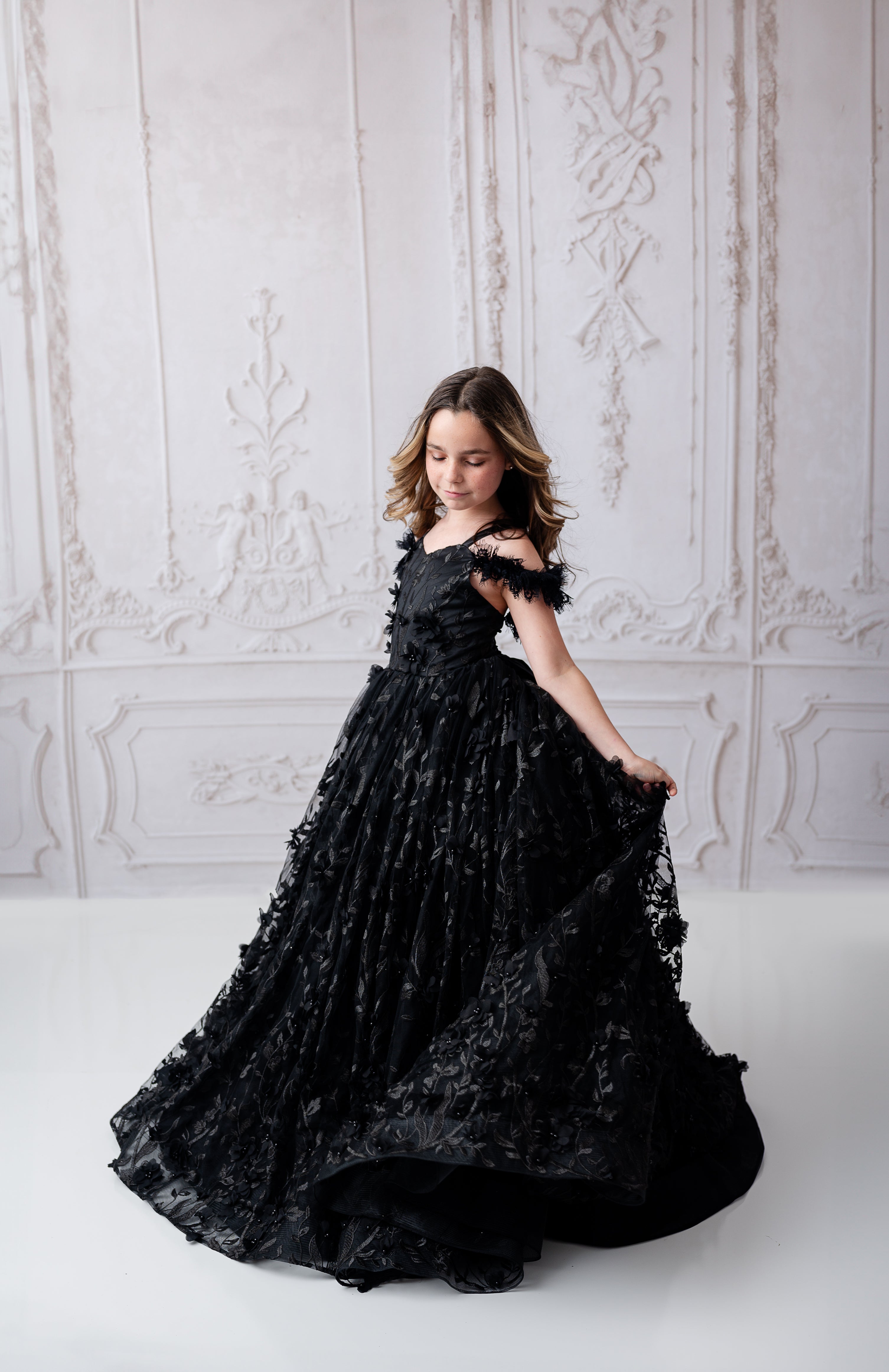 "Heavenly" Black Couture Rental Gown | Floor-Length Dress for Size 6 Years - Petite 7 Years