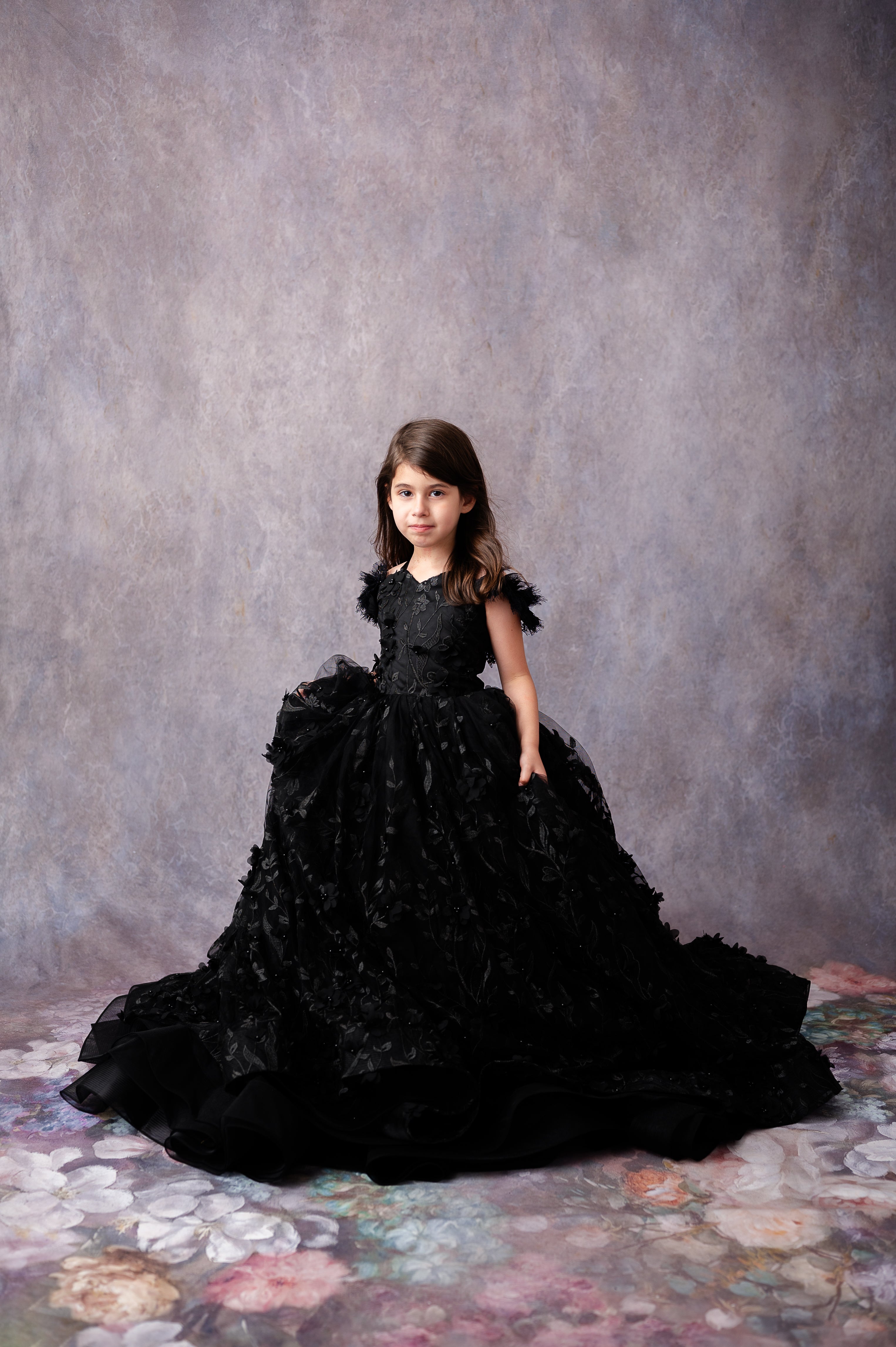 "Heavenly" Black Couture Rental Gown | Floor-Length Dress for Size 6 Years - Petite 7 Years