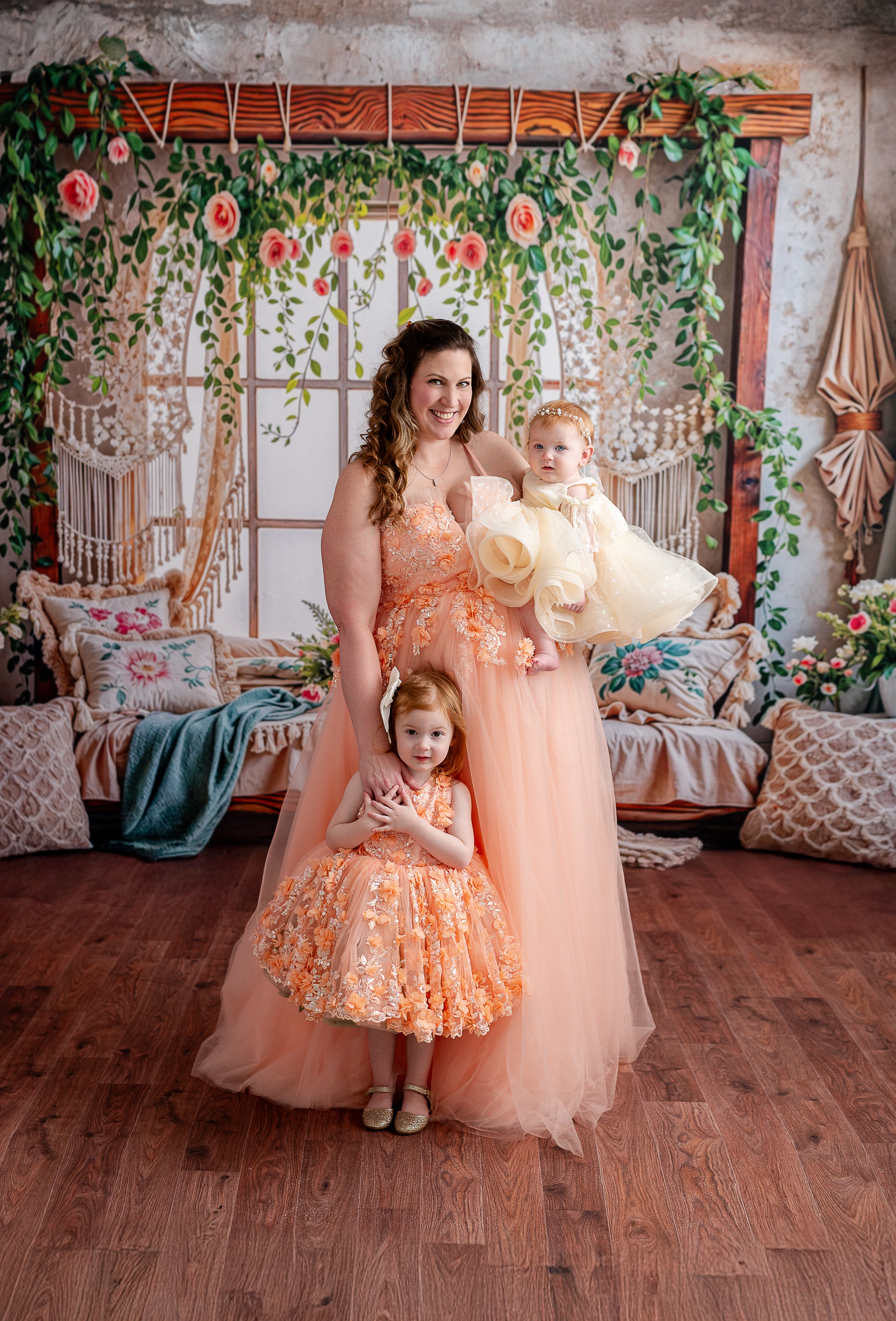 "Elegant Peach Blossom Gown with adjustable corset back and soft tulle layers for a perfect fit and effortless movement."