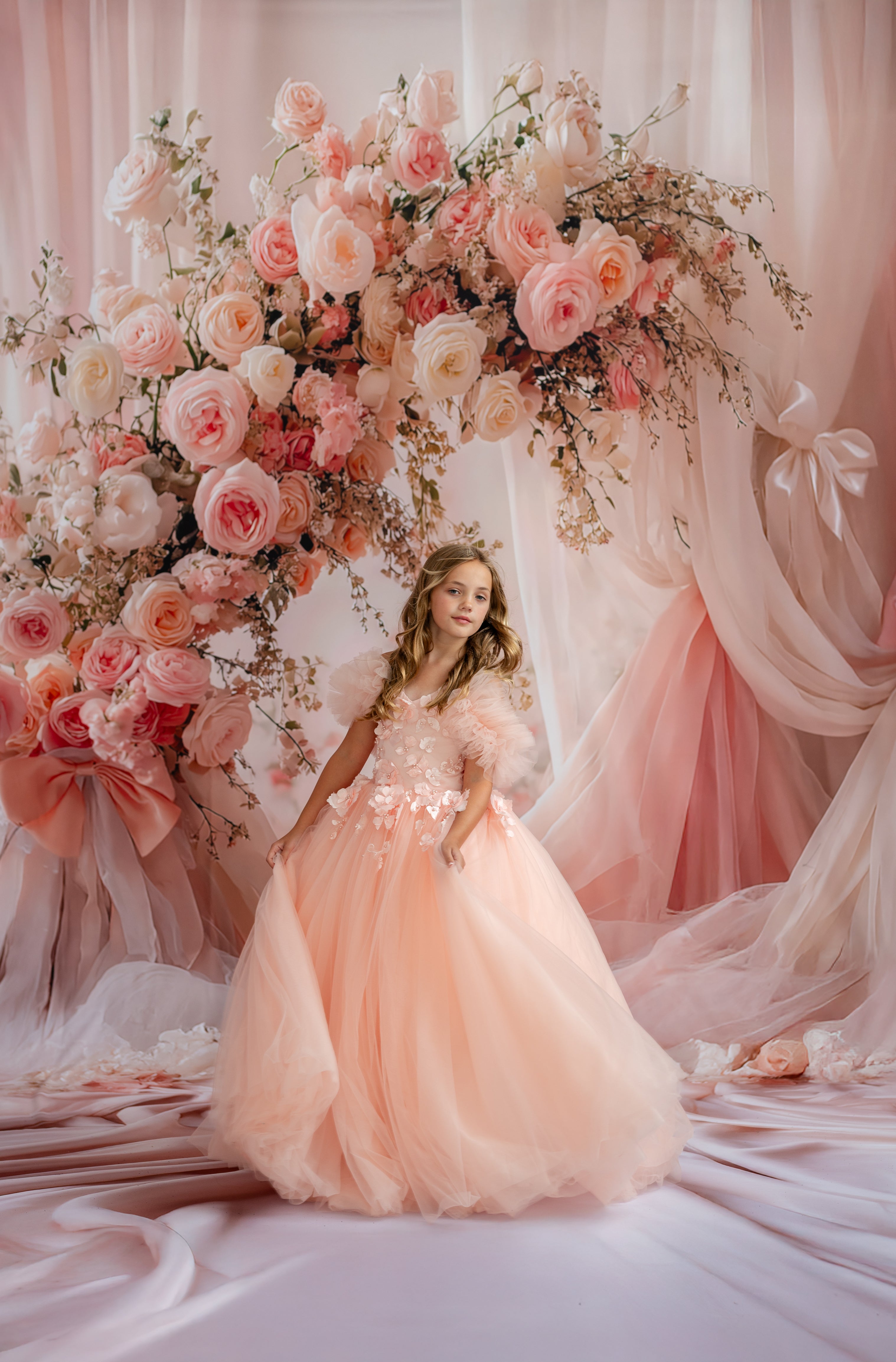 "Whispering Petals" Floor-Length Dress + Detachable Sleeves (5 Year - Petite 6 Year)