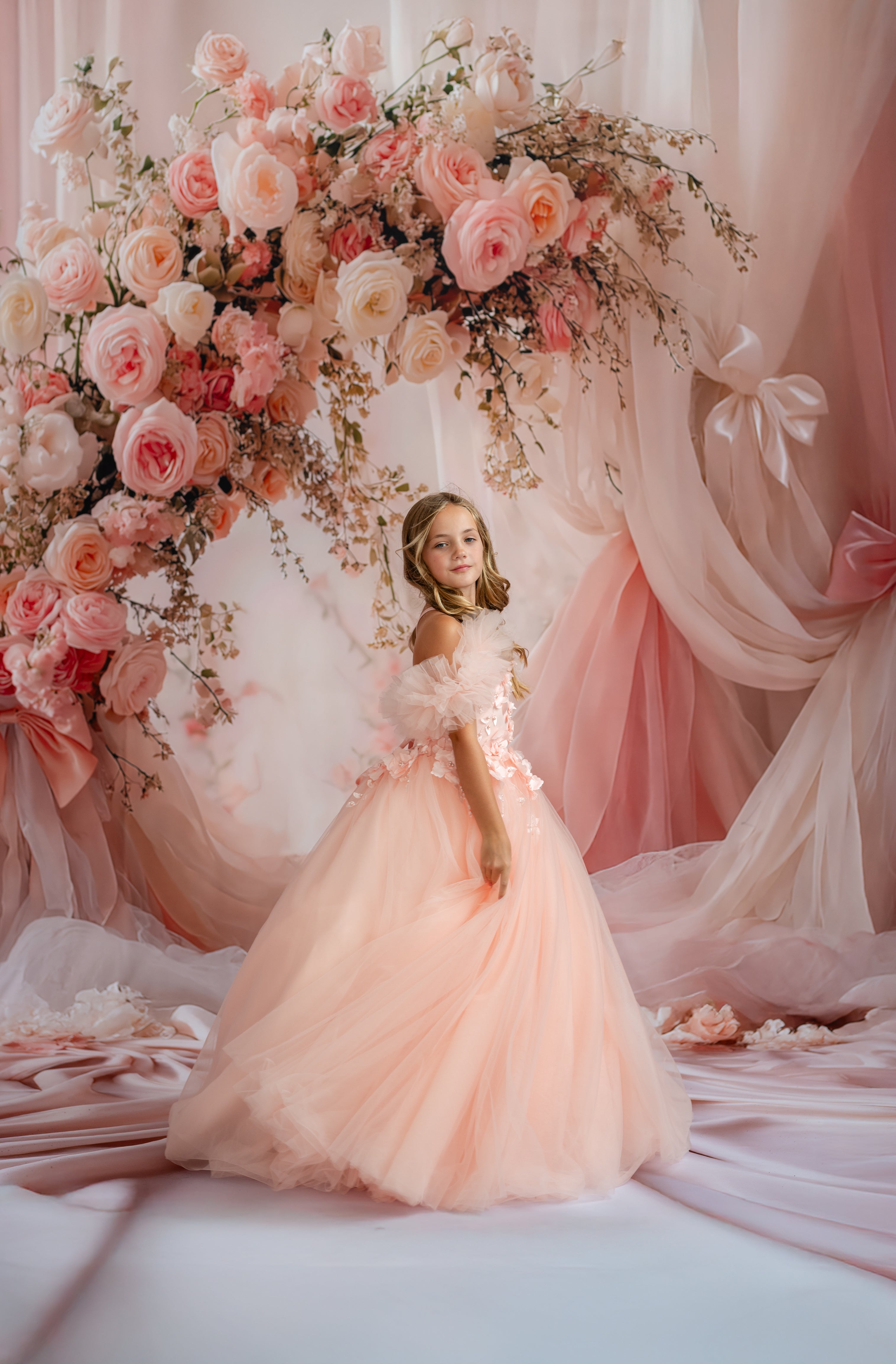 "Fine art couture gown for girls – peach floral embroidered bodice and tulle skirt"