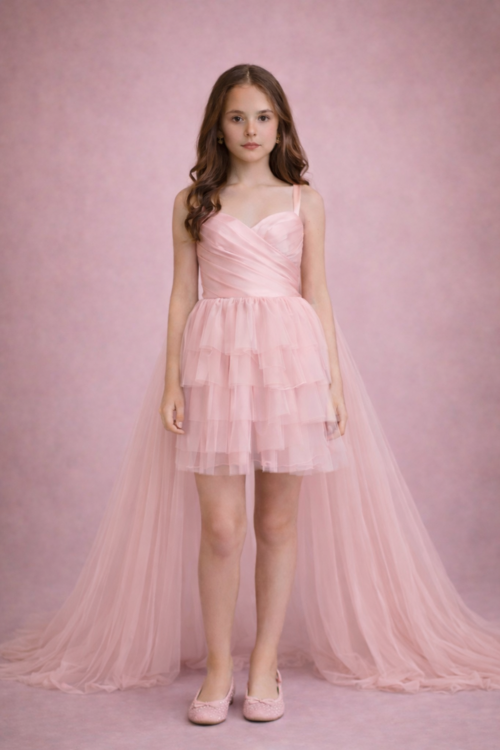 Young girl wearing a pink dress with a sheer overlay against a pink background