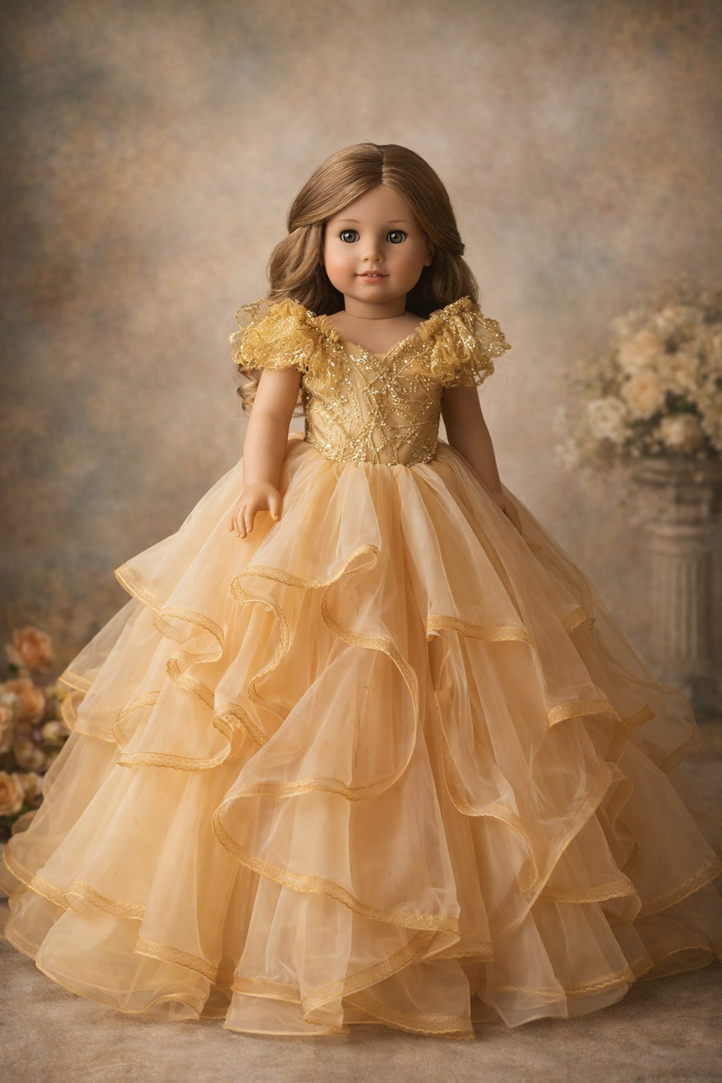 Doll in a gold dress with a floral background