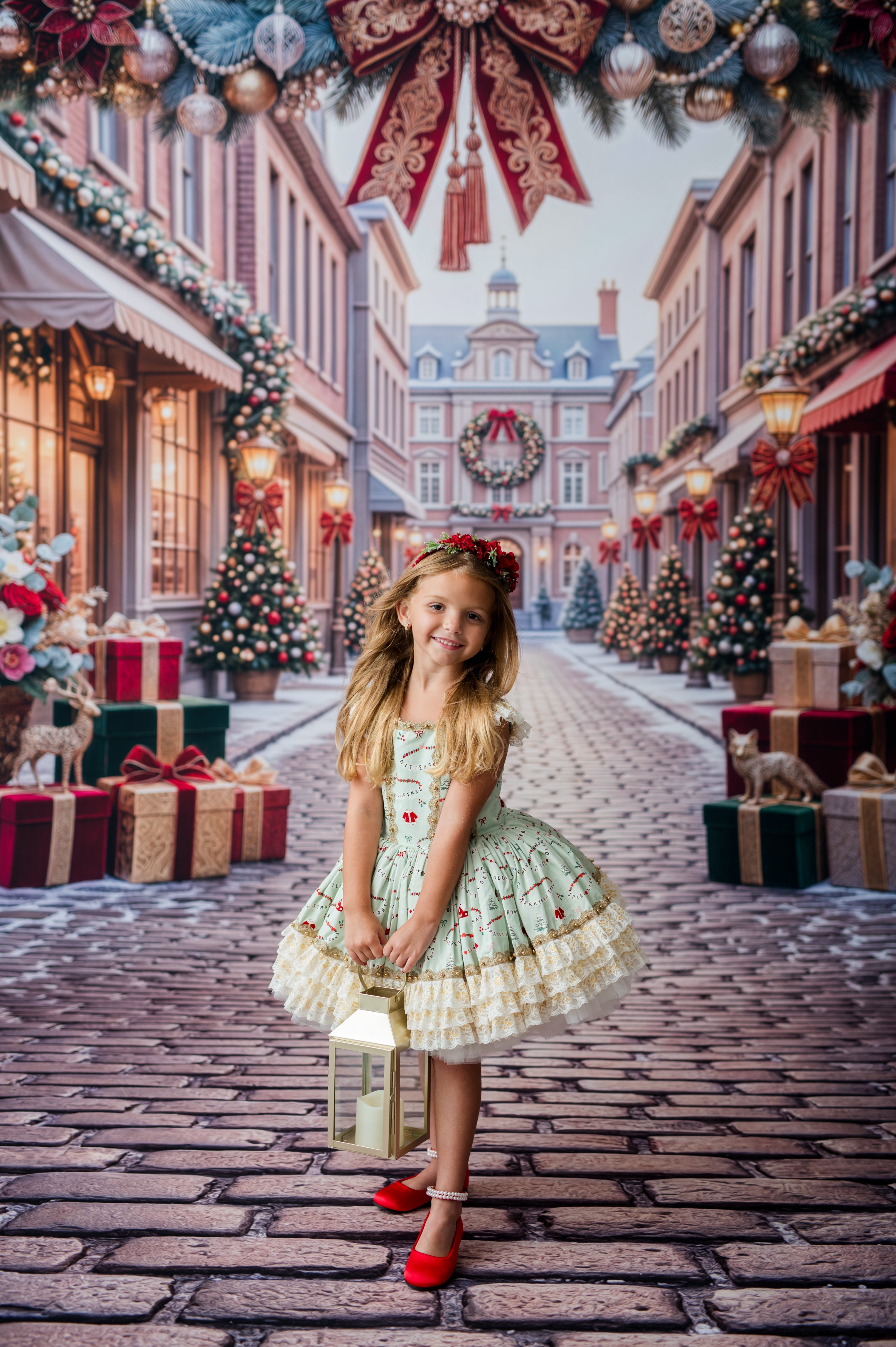 A young girl stands in a festive Christmas town street wearing a light green and cream tiered dress with red accents, holding a lantern. The background features decorated storefronts, Christmas trees, wrapped gifts, and a large red bow hanging from above.