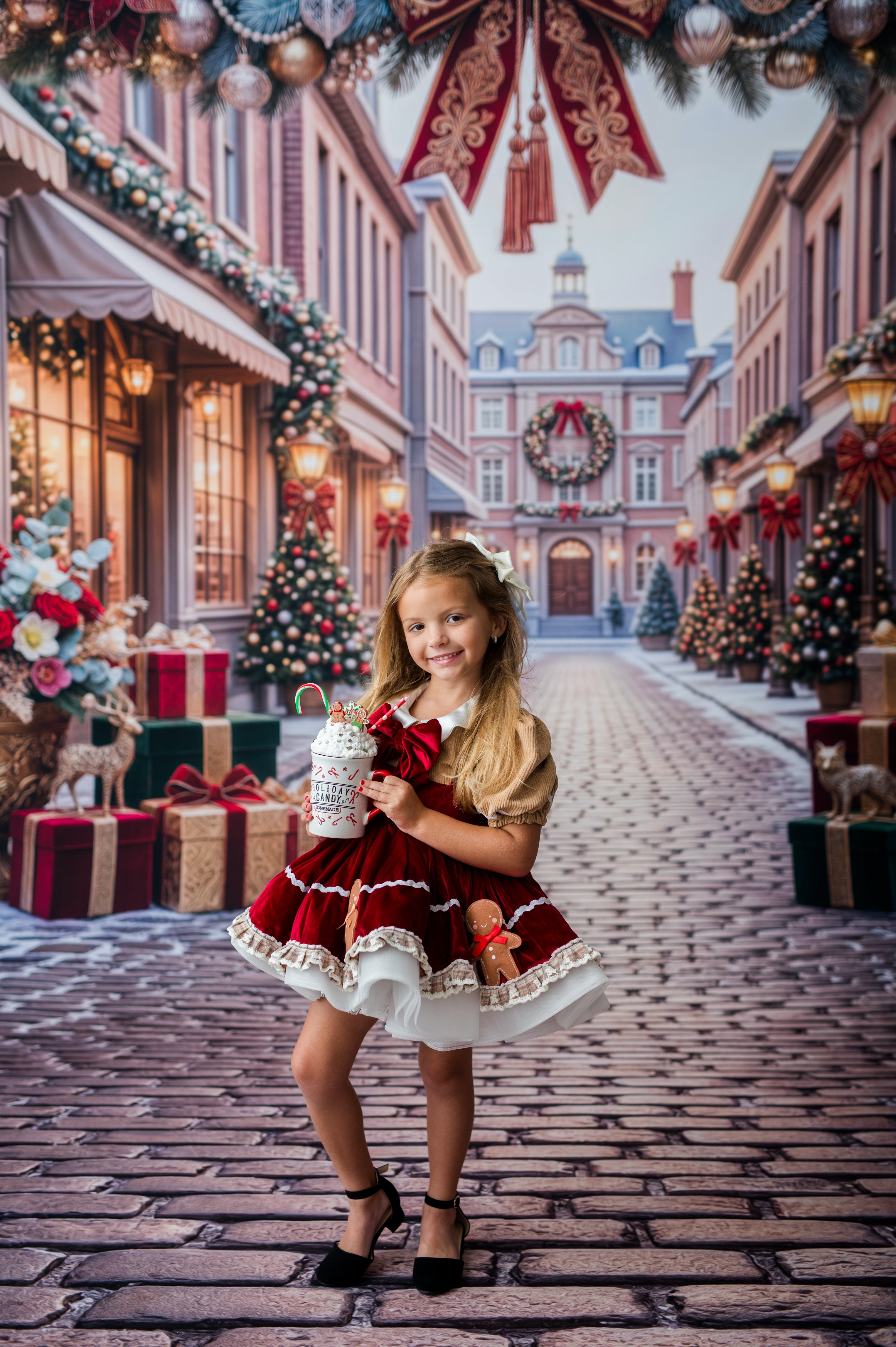 A young girl stands in a festive Christmas village scene wearing a red and white holiday dress, holding a gingerbread cookie. The background features a brick street lined with decorated Christmas trees, gift boxes, and garlands, with a grand building in the distance.