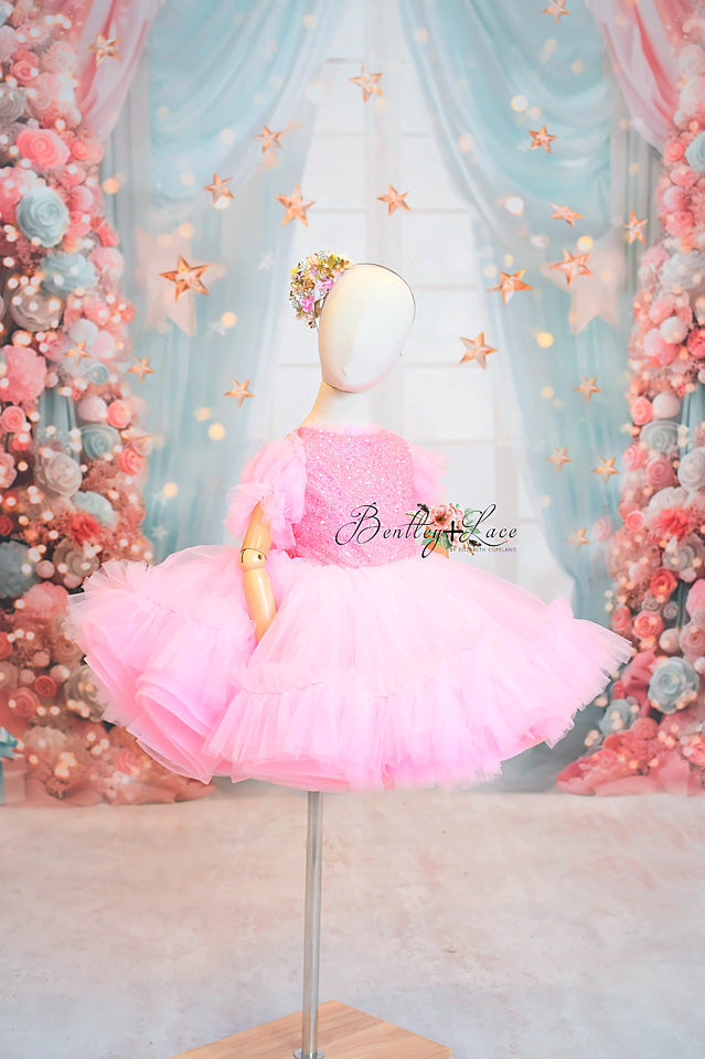 Holiday pink rental gown.