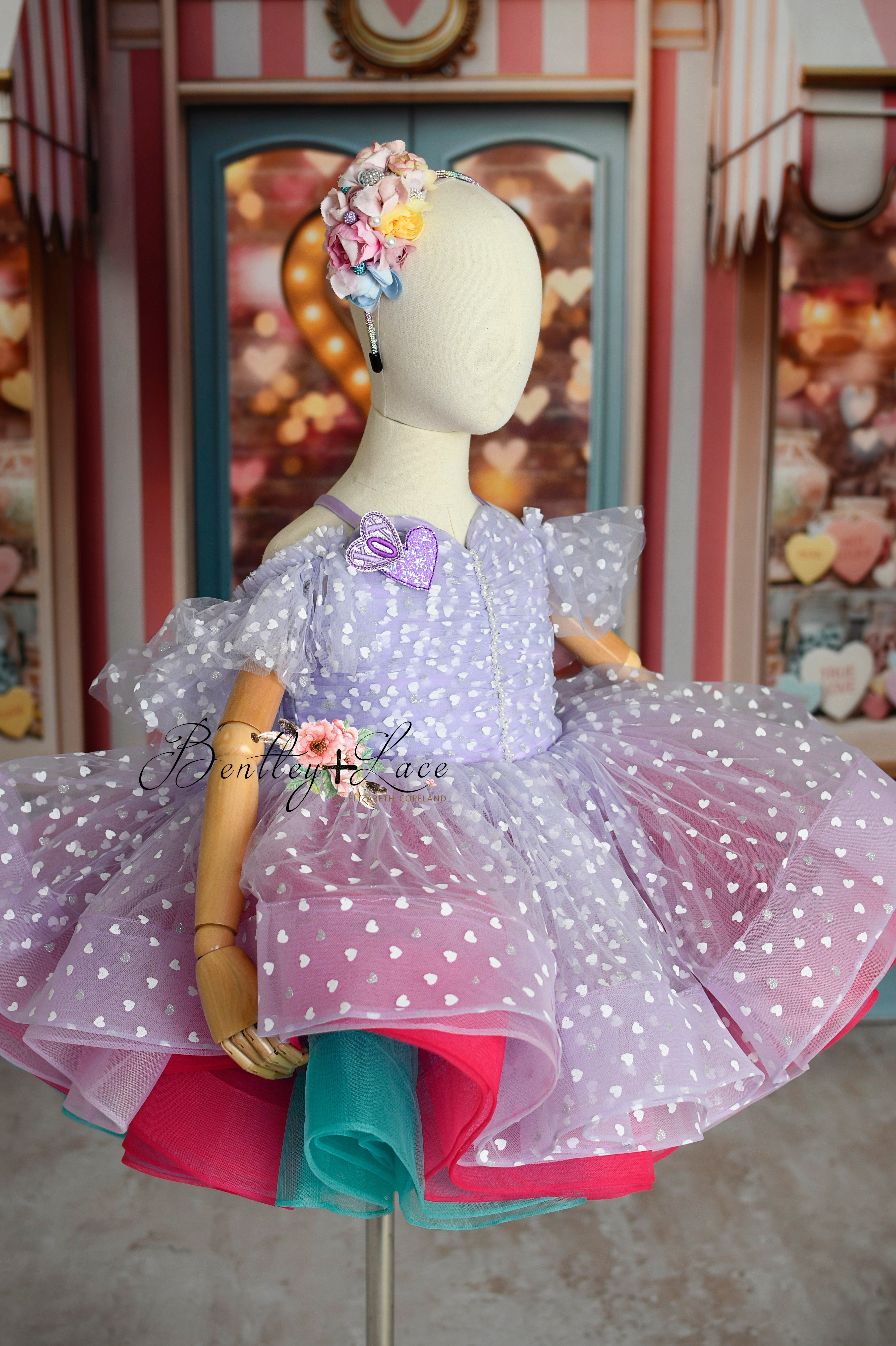 Sweet Talk-purple off shoulder petal length dress + wristlets (5 Year - 6 Year up to a petite 7 year)