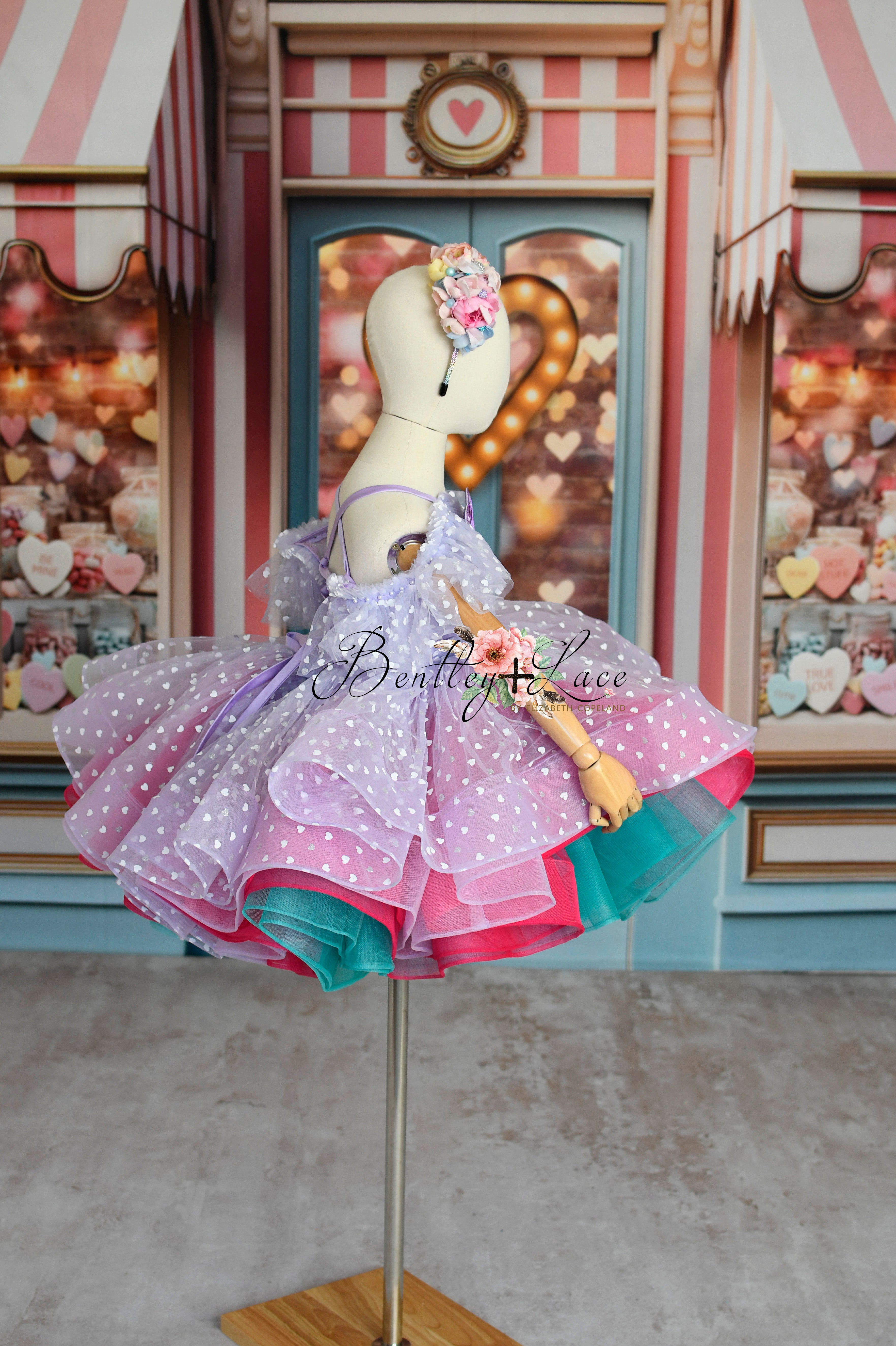 Sweet Talk-purple off shoulder petal length dress + wristlets (5 Year - 6 Year up to a petite 7 year)