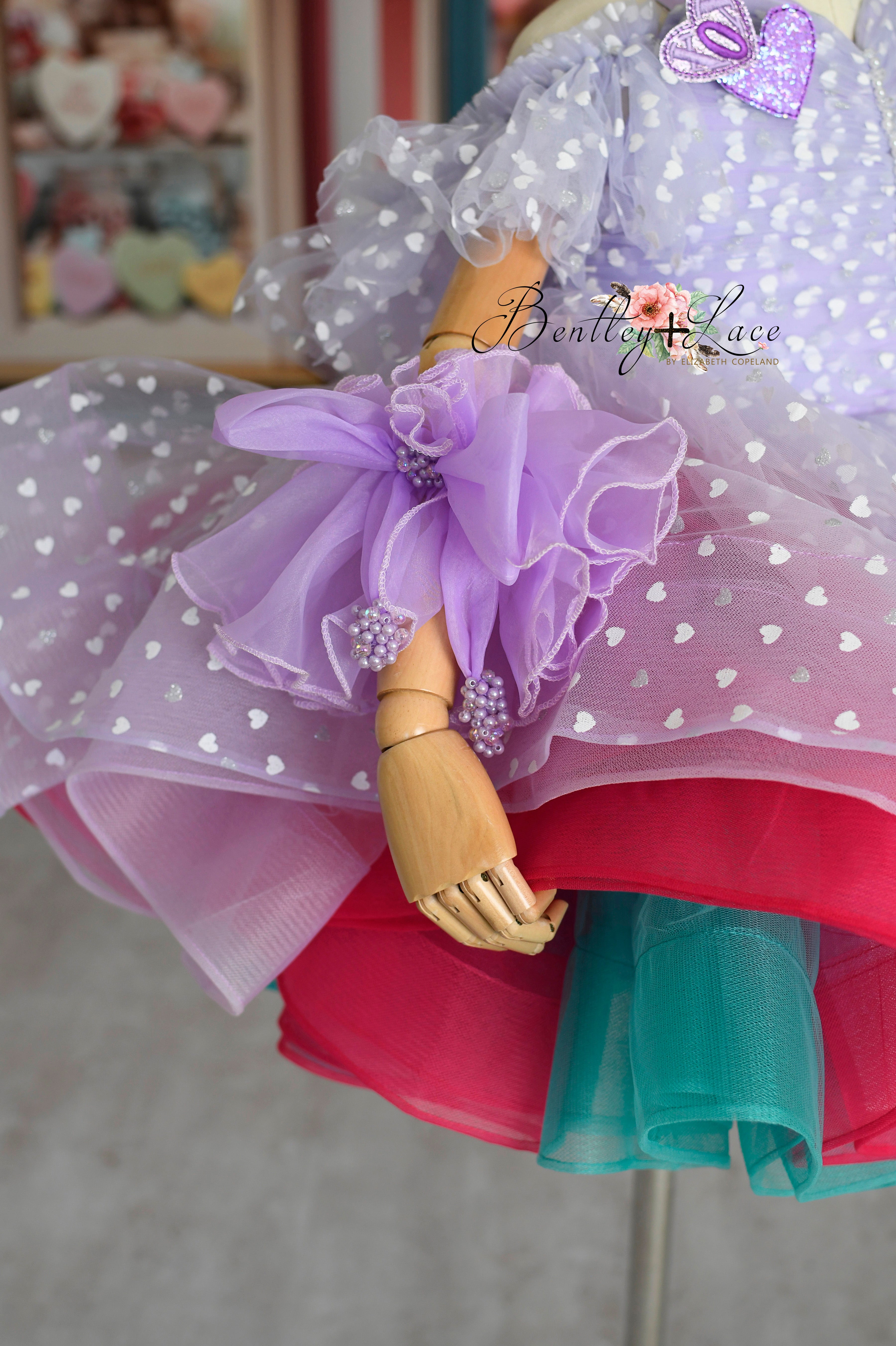 Sweet Talk-purple off shoulder petal length dress + wristlets (5 Year - 6 Year up to a petite 7 year)