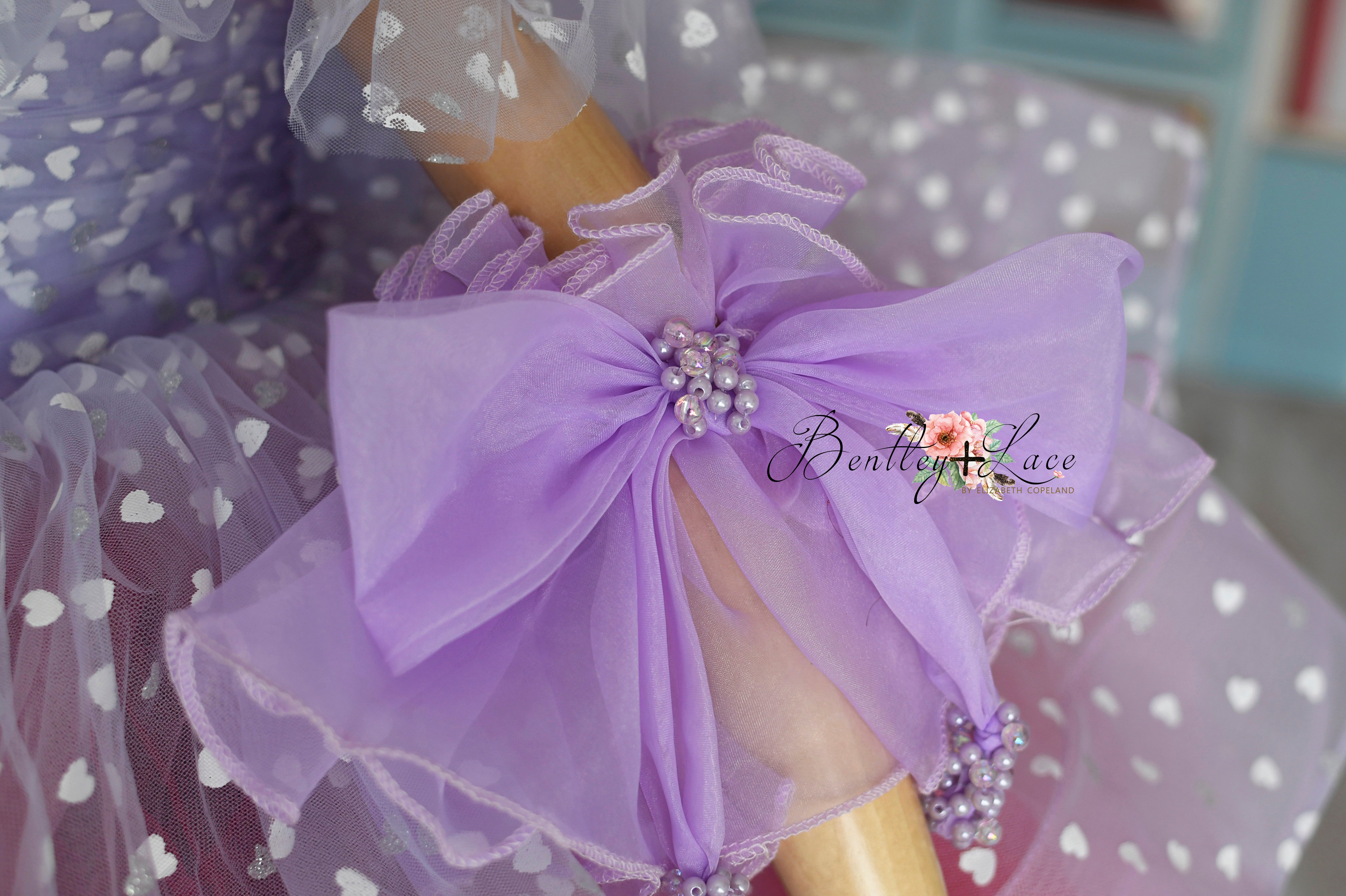 Sweet Talk-purple off shoulder petal length dress + wristlets (5 Year - 6 Year up to a petite 7 year)